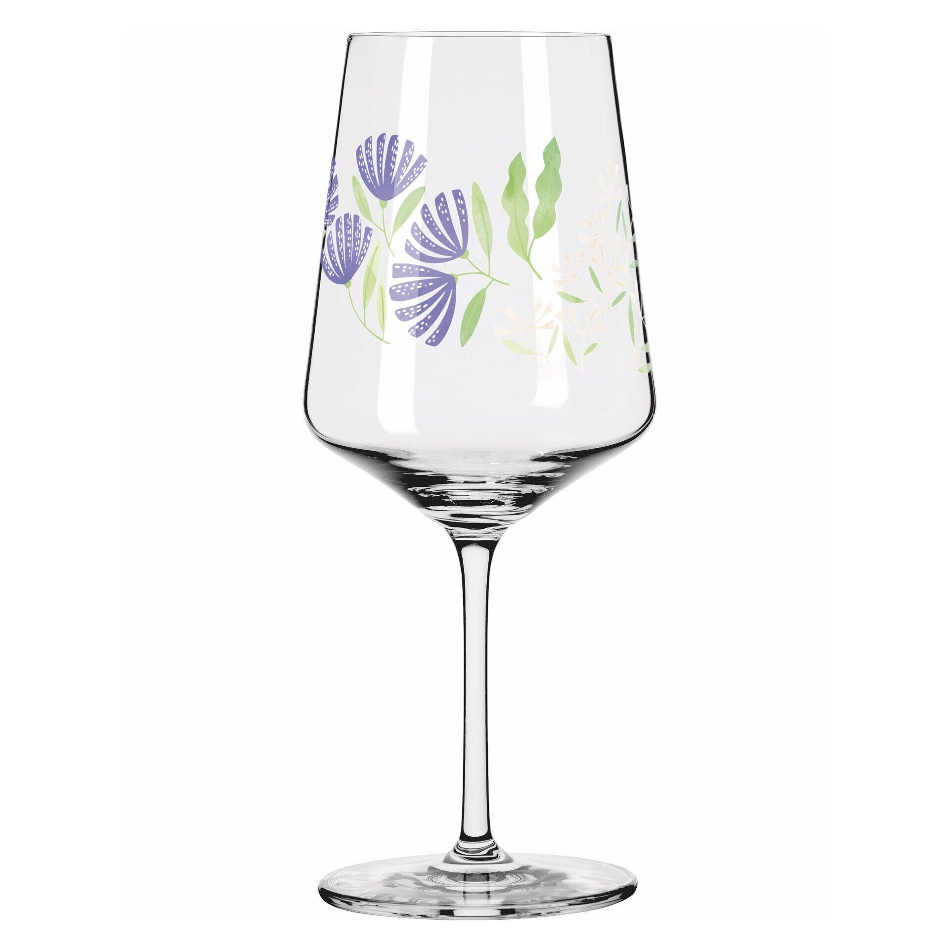 Aperitifglas mit floralem Dekor in Blau und Grün auf transparentem Sockel und elegantem Stiel, Ansicht aus der Seitenperspektive.