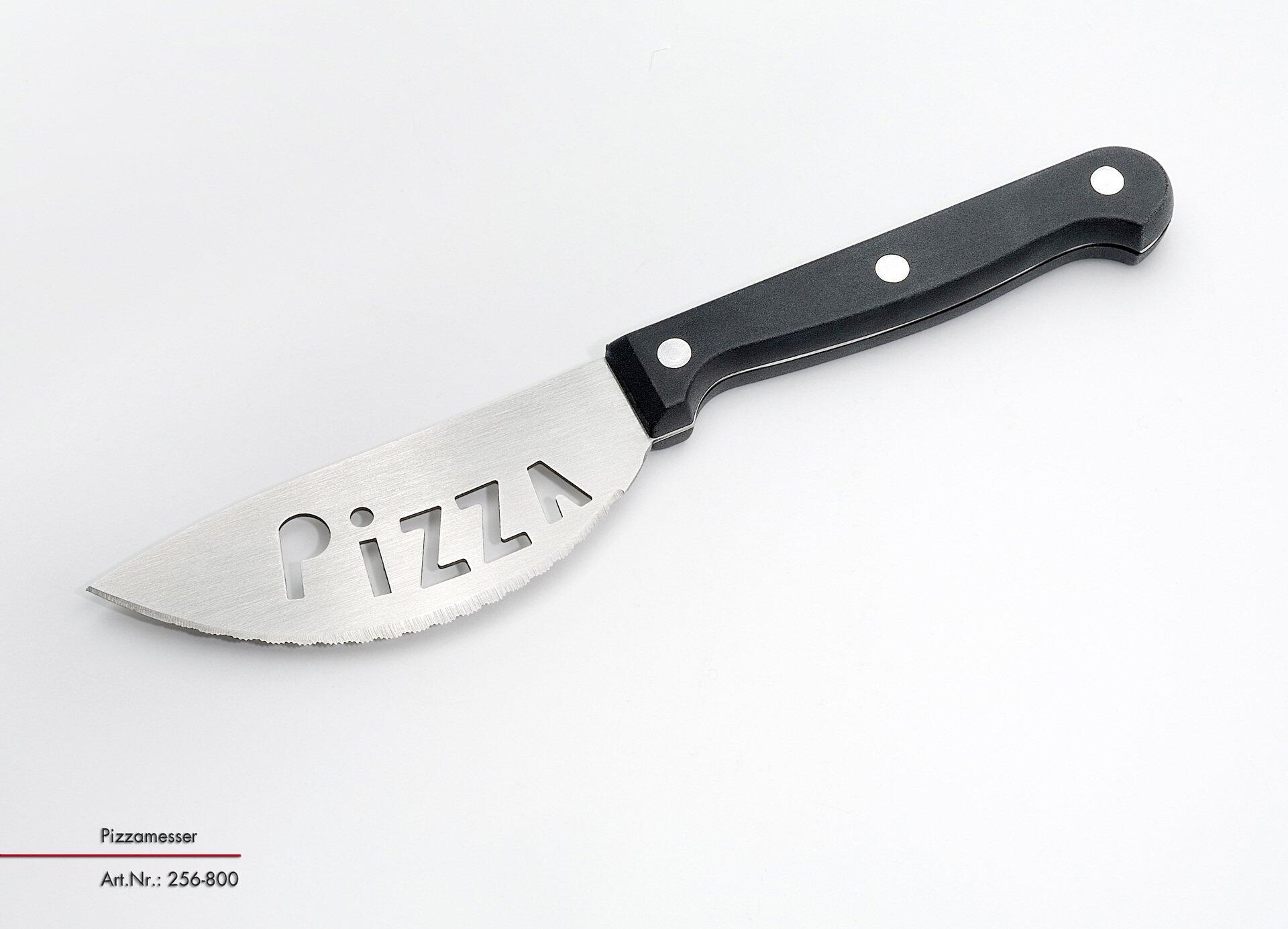 Pizzamesser "Küchenchef" mit Edelstahlklinge, gezackter Schneide und ergonomischem Bakelitgriff, auf dem "Pizza" eingraviert ist.