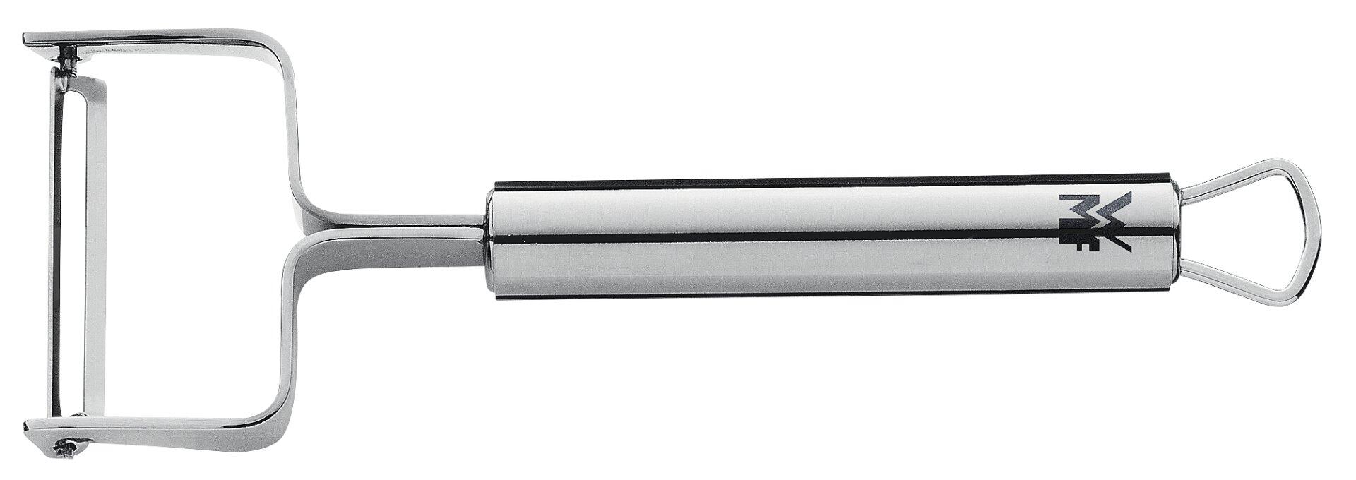 Sparschäler Profi Plus von WMF mit ergonomisch geformtem Griff und gebogenem Edelstahlmesser für einfaches Schälen von Gemüse und Obst.