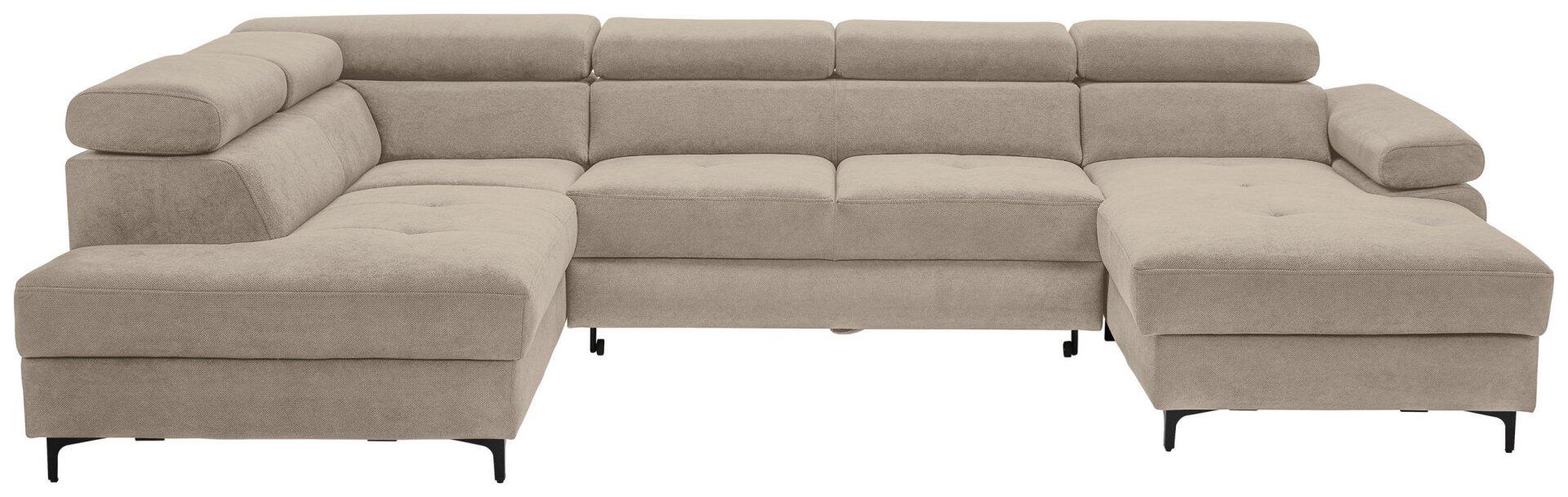 Wohnlandschaft Combo: Graue Eckcouch mit abklappbarer Kopfstütze, Bettkasten, verstellbaren Arm- und Kopfteilen sowie ausziehbarer Sitzfläche für eine Schlaffunktion, perspektivisch aus der Frontalansicht dargestellt.