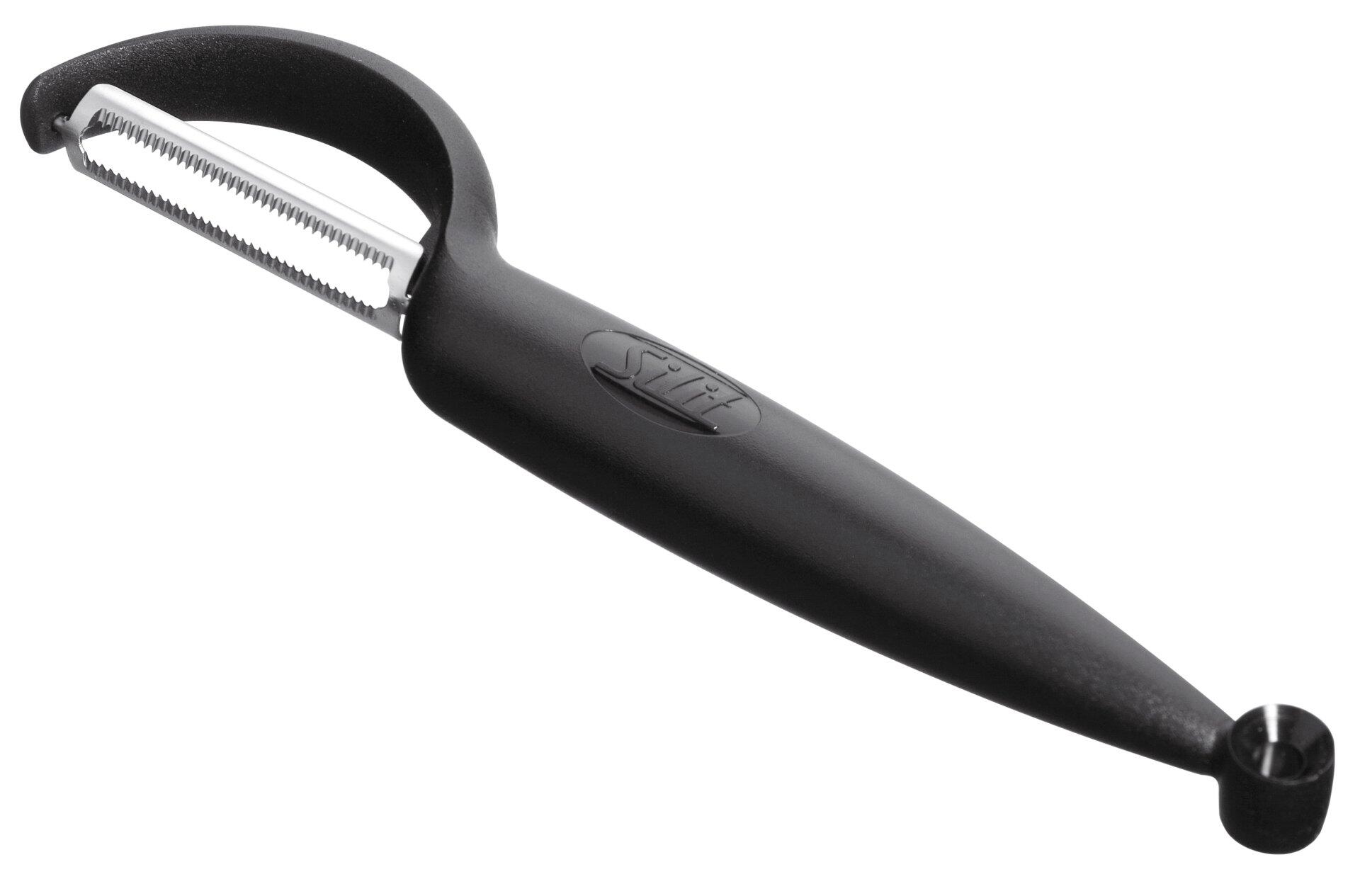 Silit Tomaten- und Gemüseschäler mit ergonomischem Kunststoffgriff und wellenförmigem Edelstahl-Schneidekopf, Detailaufnahme in Drahtperspektive.