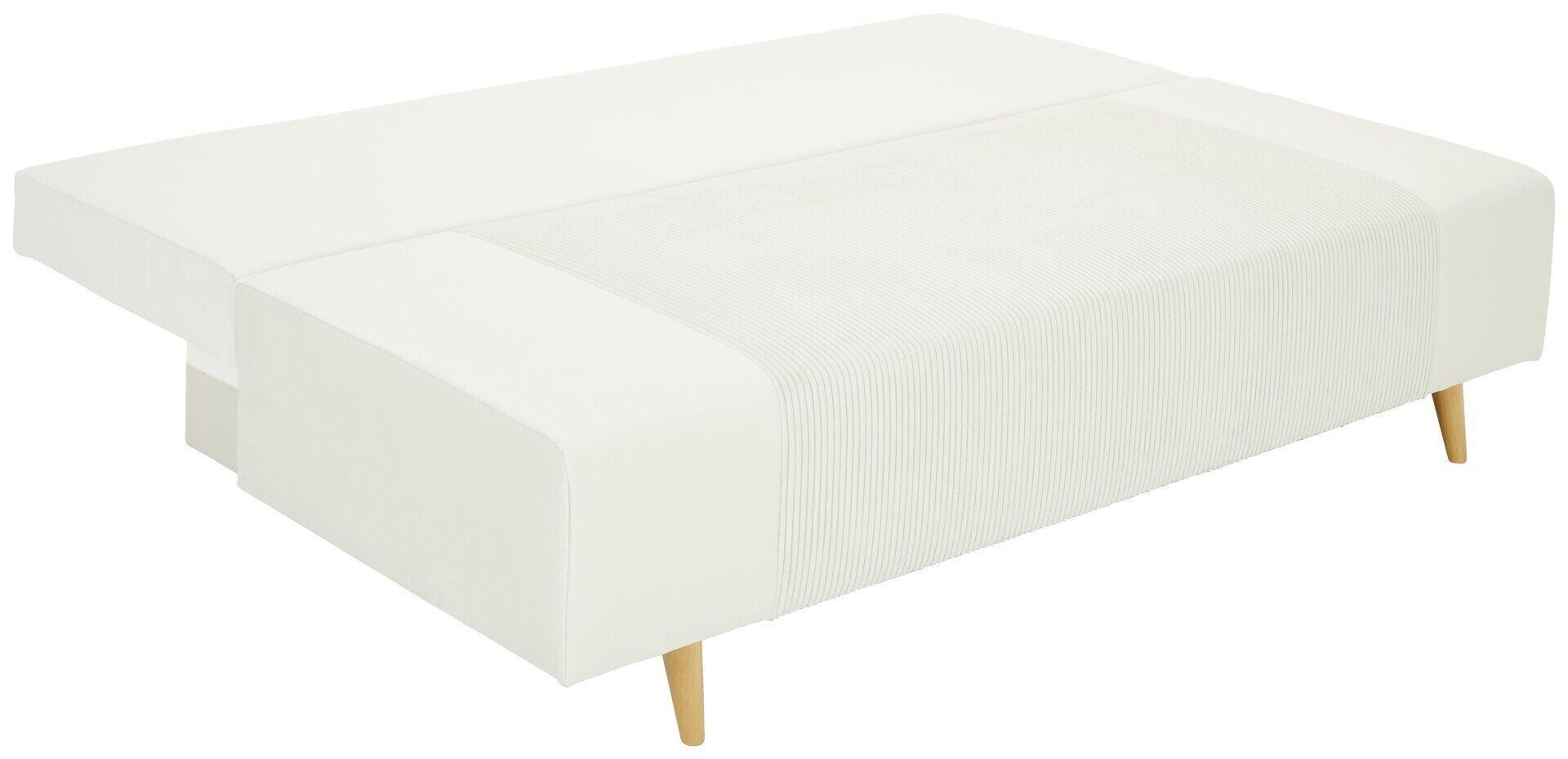 Weißes Schlafsofa Leon 2 Lux mit gepolstertem Rahmen, strukturiertem Stoffbezug und konischen Füßen aus Holzoptik.