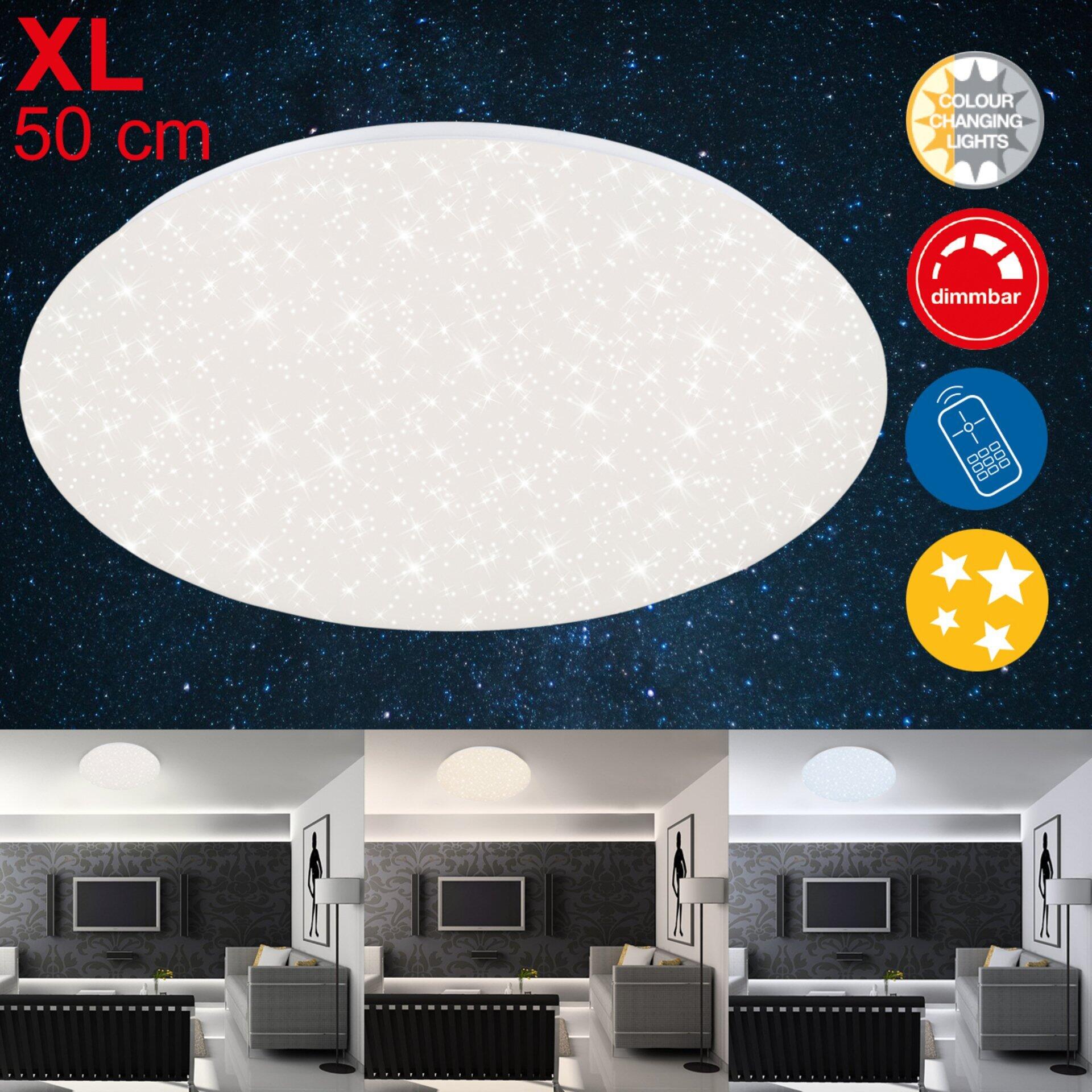 Runde LED-Deckenleuchte BRILO mit Ø 49,5 cm, die durch Fernbedienung dimmbar ist und deren Farbtemperatur von 3000K bis 6000K verändert werden kann.