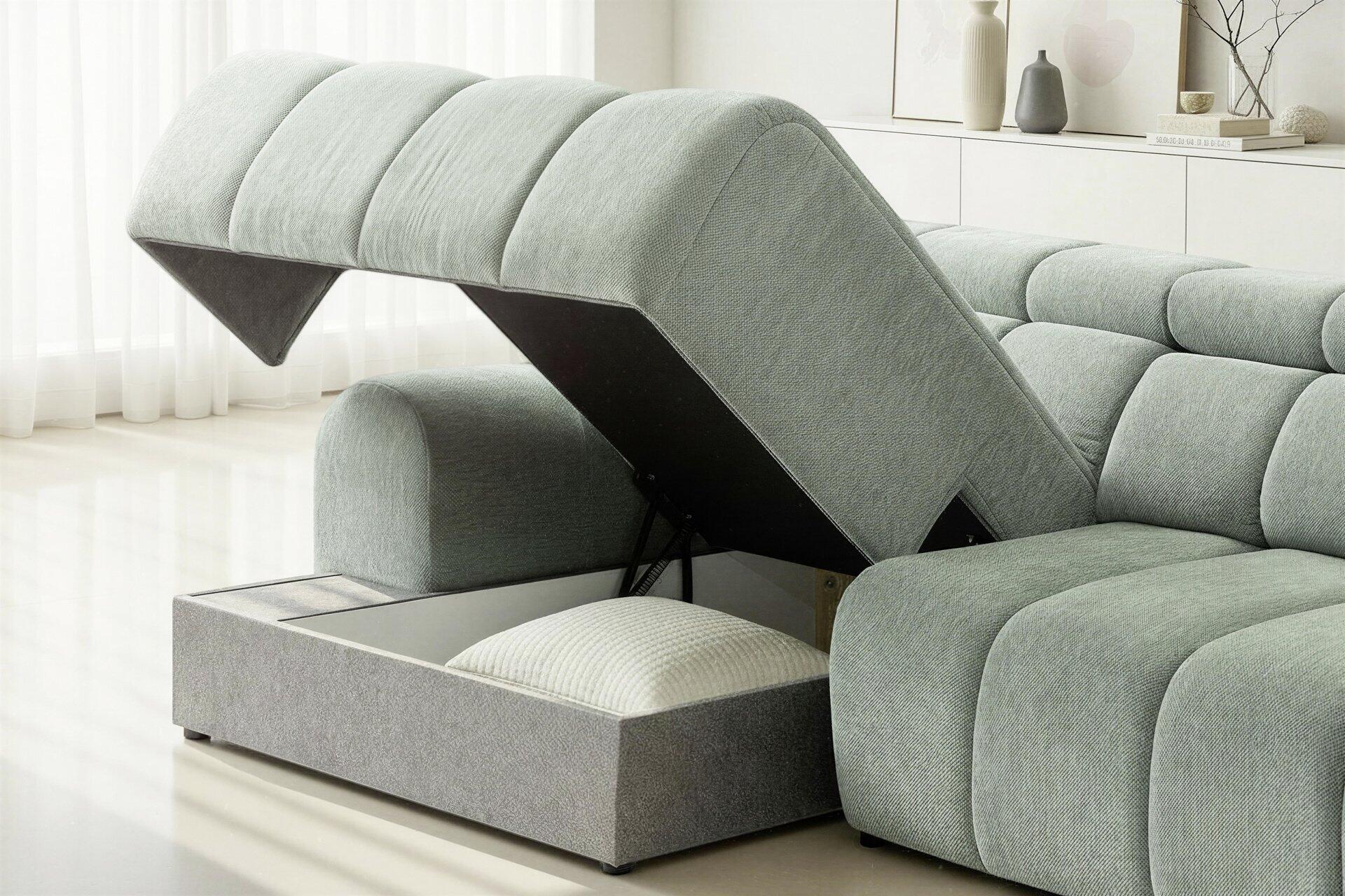 Corfu Ecksofa mit hochgeklappter Sitzfläche und integriertem Stauraum, detailreich dargestellt mit gewellter Polsterstruktur.