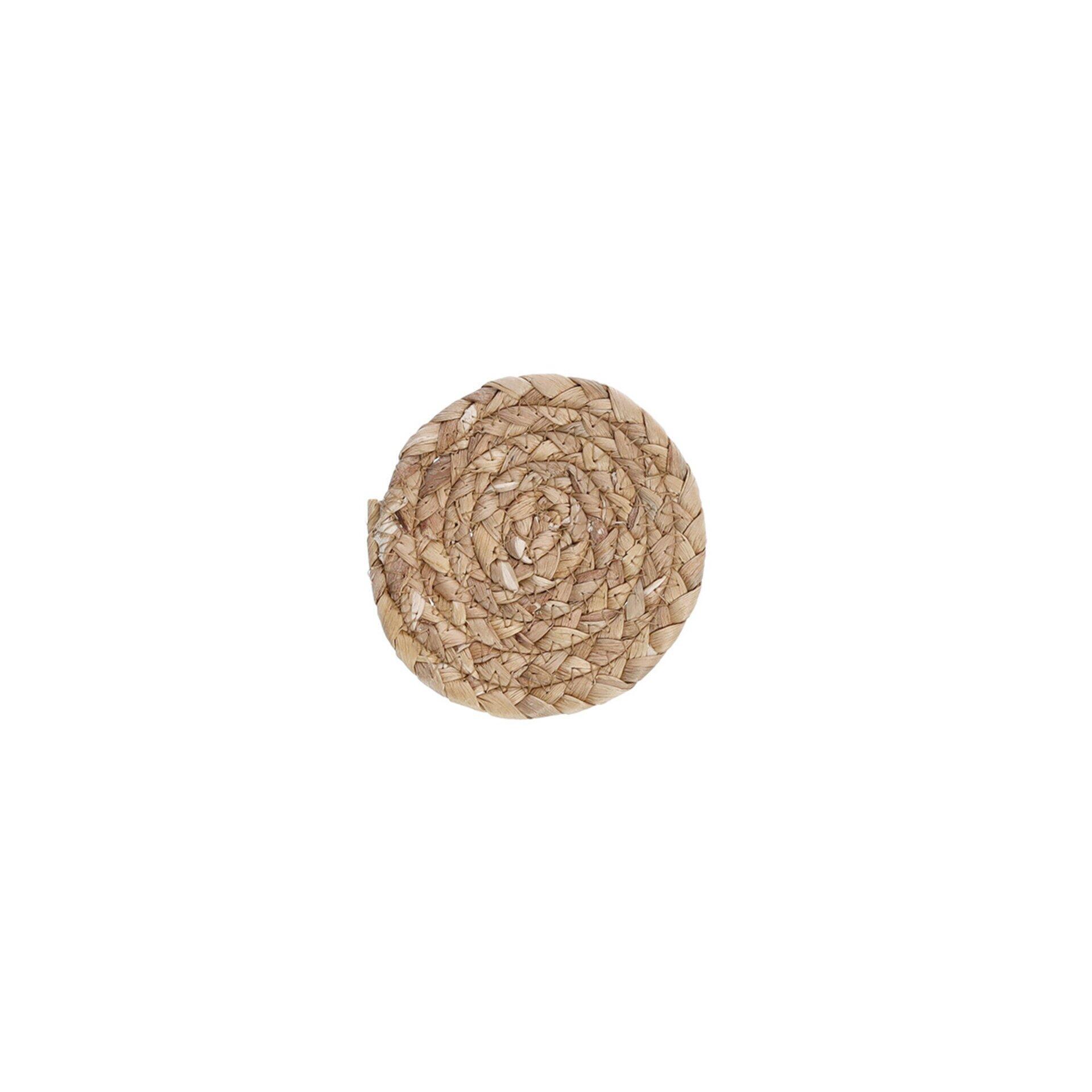 Runder Untersetzer aus geflochtenem Naturmaterial mit spiralförmiger Textur, Vogelperspektive.