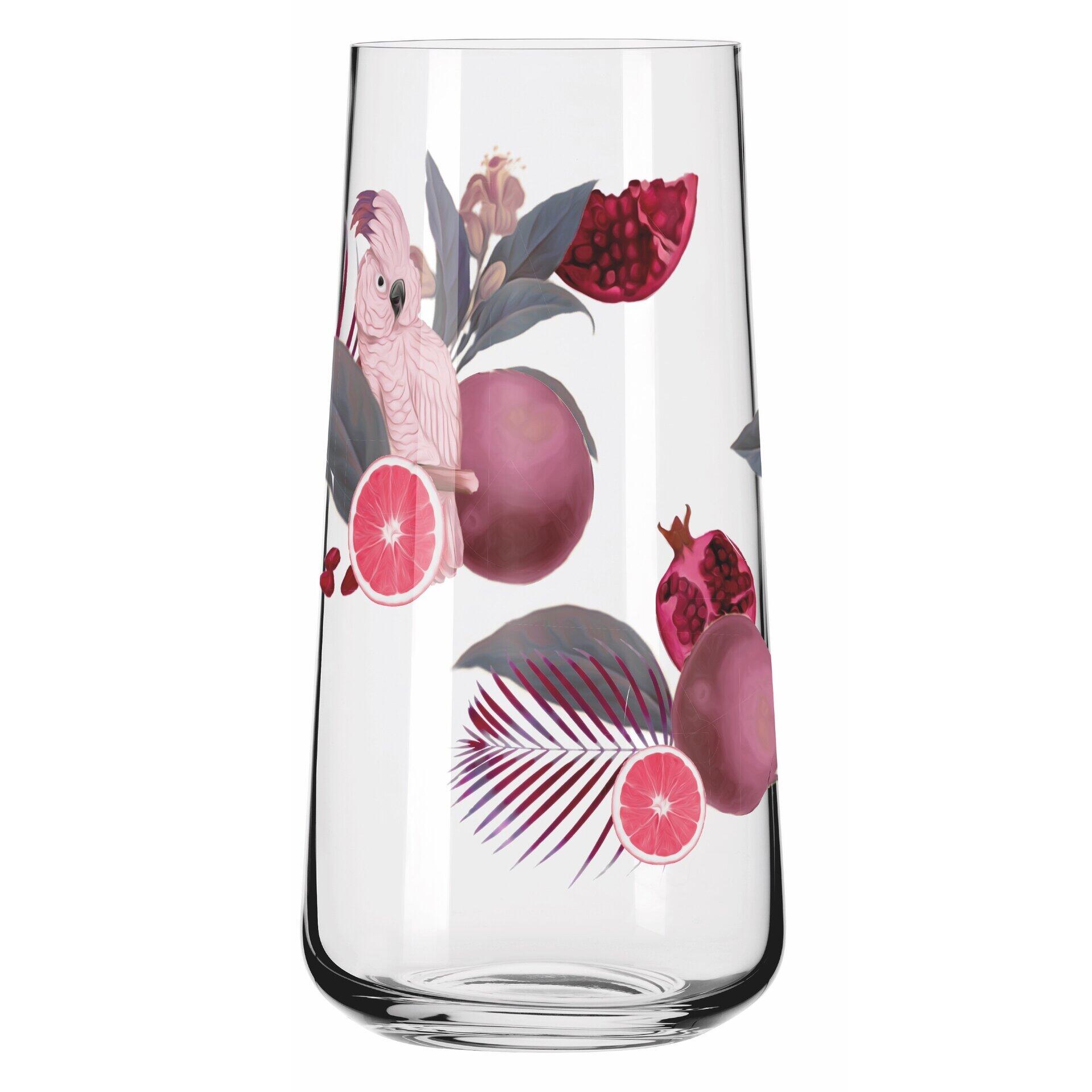 Hoch schlanke Glasvase mit konischer Form und aufgedrucktem Motiv aus Früchten, Blättern und einem Papagei, präsentiert in einer attraktiven Geschenkbox.