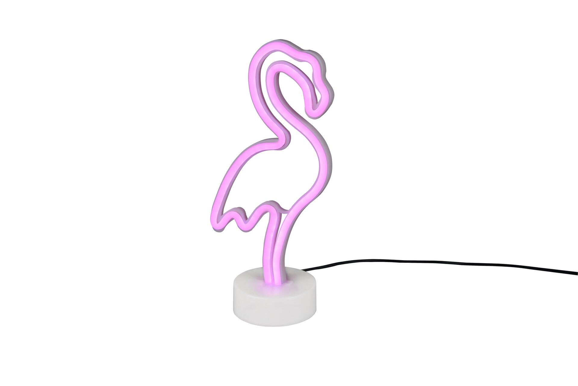 Tischleuchte Flamingo: Pink leuchtender Flamingo aus Neonröhren auf weißem Sockel, seitlich geneigt dargestellt.