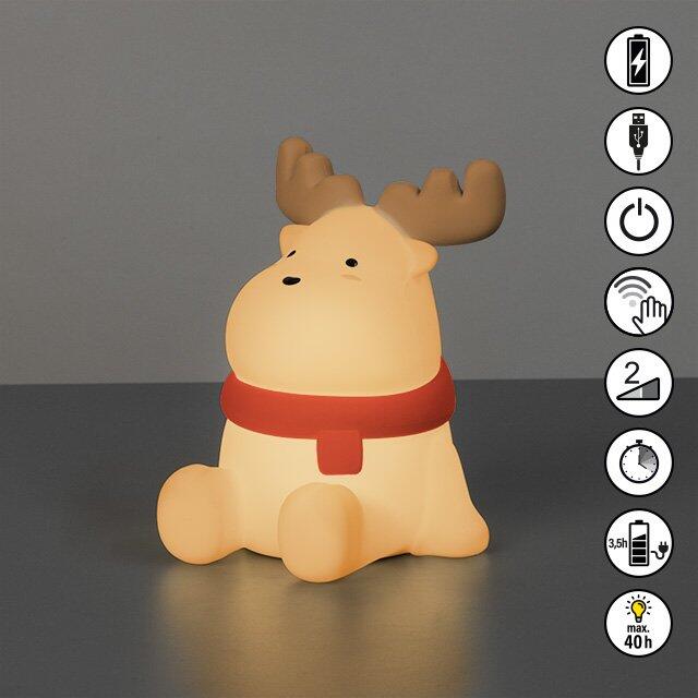 LED-Tischlampe Micha in Elchform mit Touch-Funktion, USB-C Ladeanschluss, Timer und dimmbarer Beleuchtung.