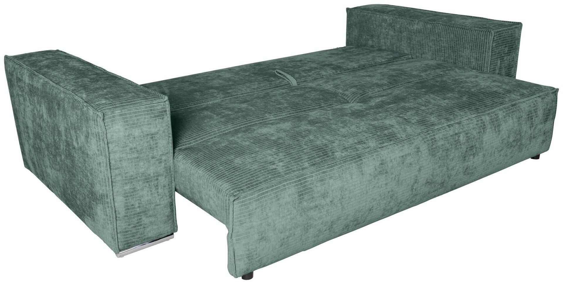 Ausgezogene Bigsofa Sky Schlafcouch in Hellgrün mit hochgeklappter Unterlage und Zugband, chromfarbenen Füßen und seitlichen Stoffelementen.