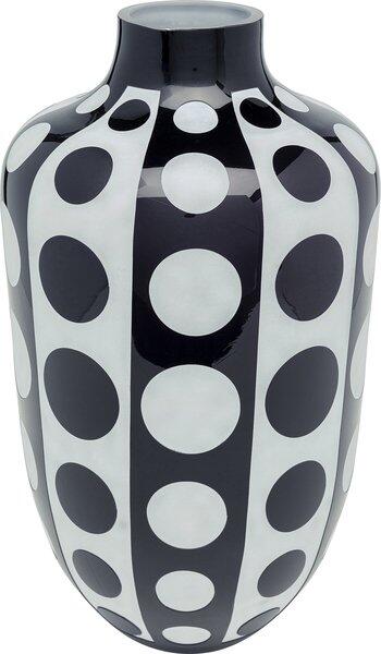 Schwarze, hochovale Vase Brillar mit konischer Form und vertikal angeordneten weißen Punkten auf glänzender Oberfläche.