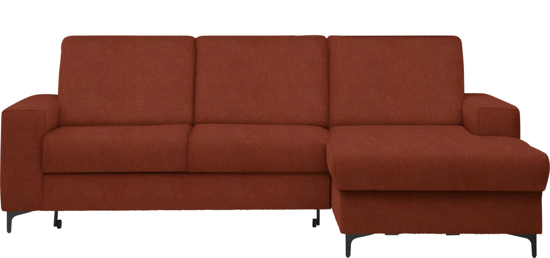 Ecksofa Balina in Rot mit Ausziehbett und Winkelfüßen aus Metall.