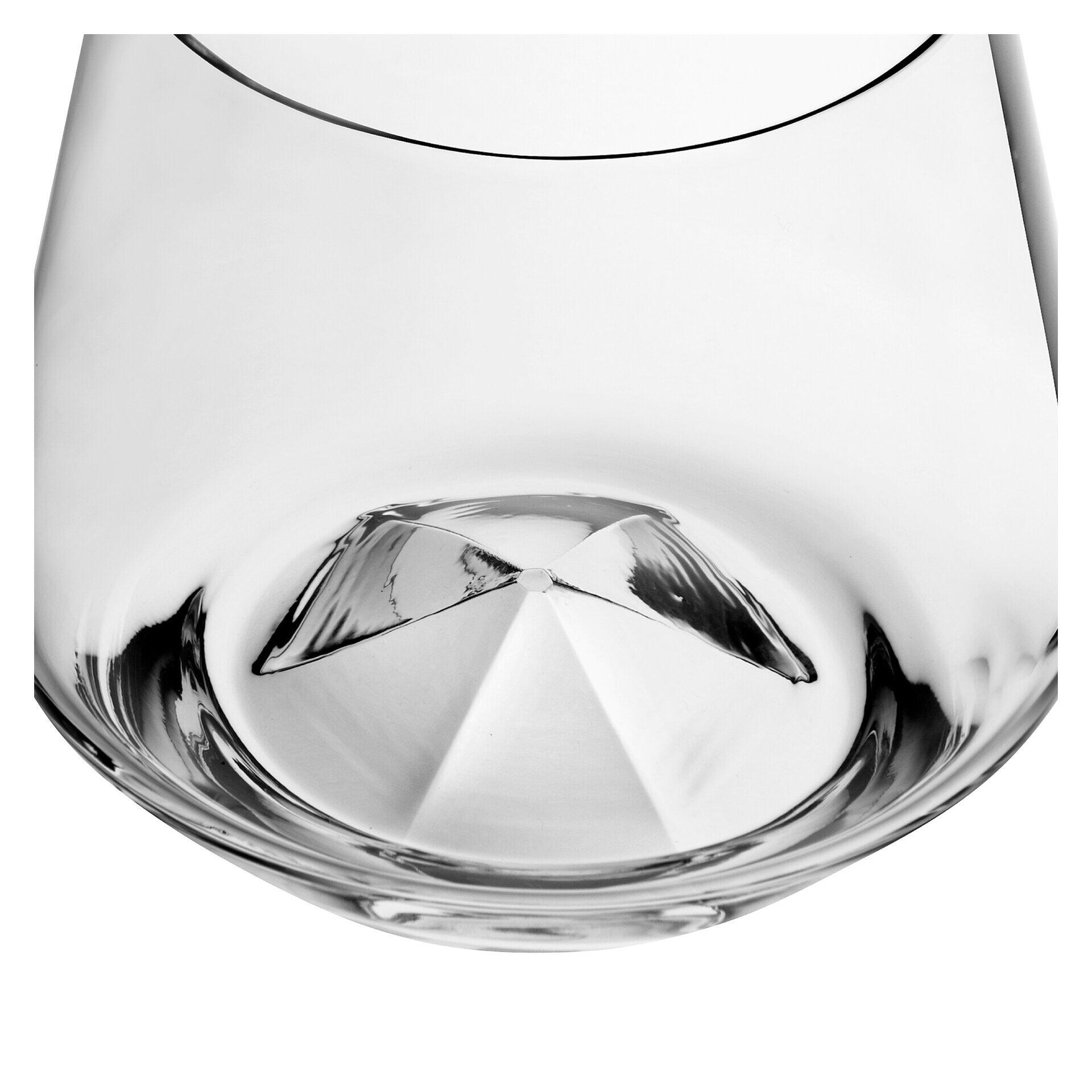 Whisky Tumbler mit konkav geformtem Boden und dezentem, graviertem Blattform-Design, abgebildet aus einer unteren Perspektive, die die Reflektion hervorhebt.