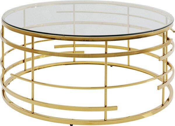 Couchtisch Jupiter Gold mit runder Glasplatte, goldenem Metallgestell und zusätzlicher Ablagefläche im oberen Bereich des Gestells, Detailaufnahme in ¾-Perspektive.