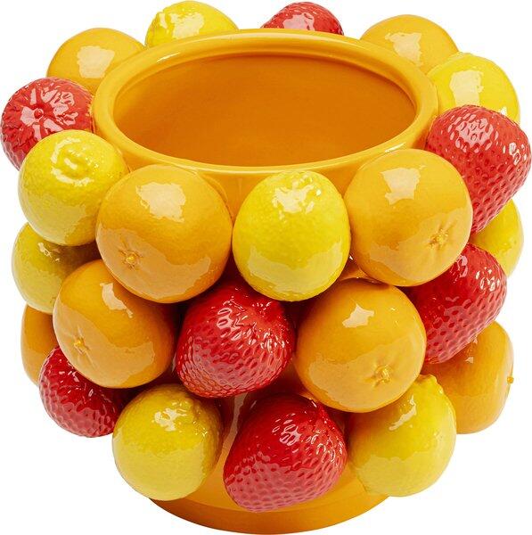 Handbemalte Porzellanvase "Fruit Parade" mit plastischen Darstellungen von Erdbeeren und Zitronen, leicht konische Form aus Frontperspektive.