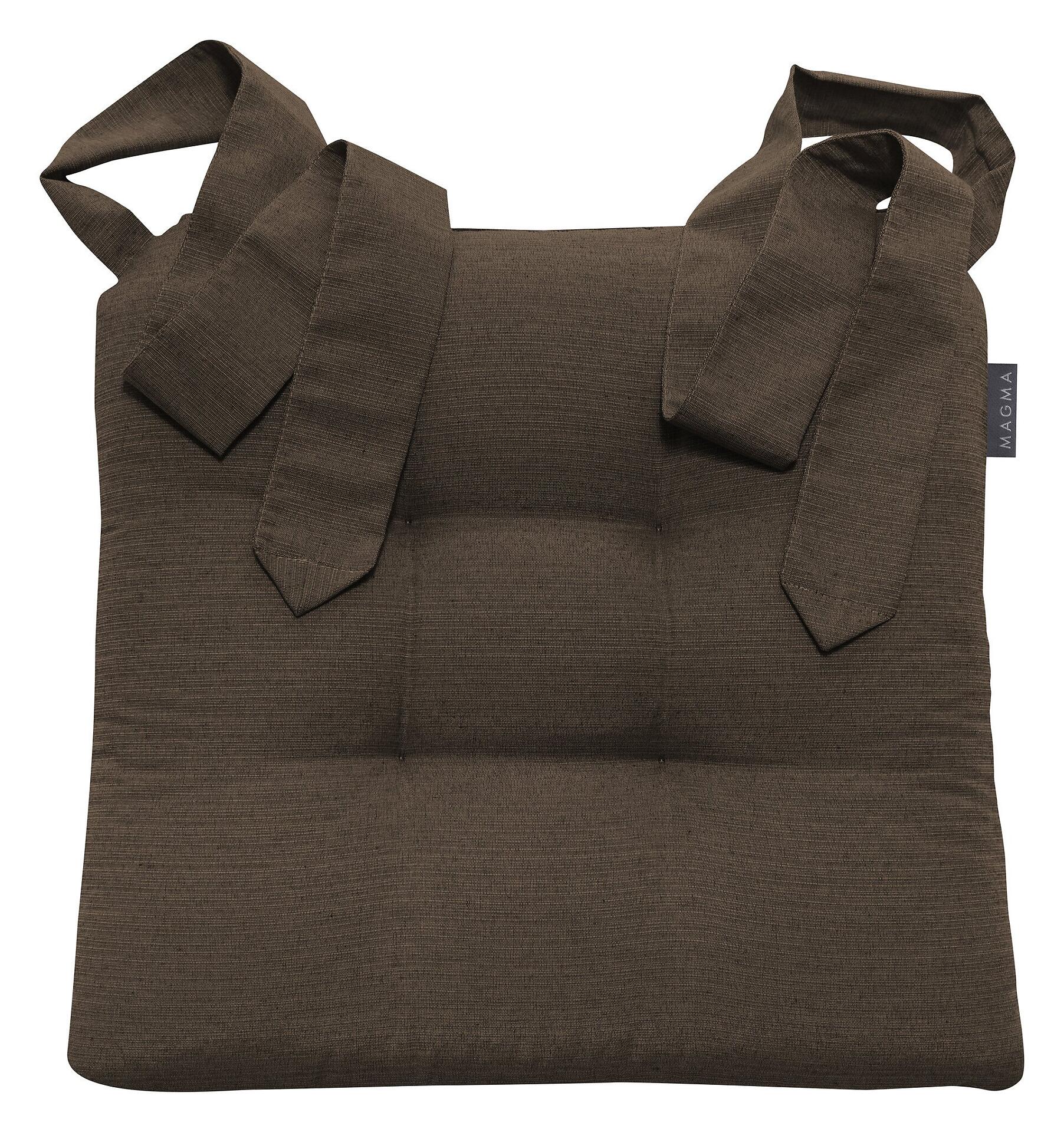 Stuhlkissen Form 37, Fino mit uni Strukturstreifen in braun, zeigt eine frontale Ansicht der Tasche mit stabilen Tragegriffen und einem "MAGMA"-Etikett.