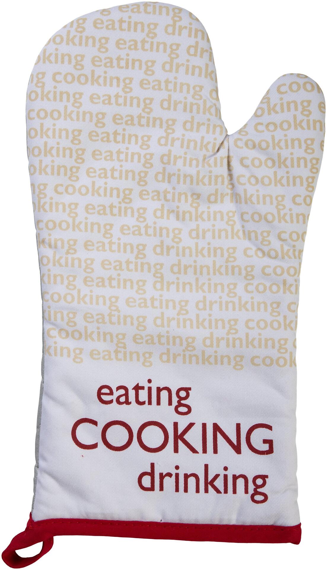Ofenhandschuh "Newspaper" mit rotem Stoffrand, Aufhänger und der Aufschrift "cooking", "eating" und "drinking" in roter Schrift.