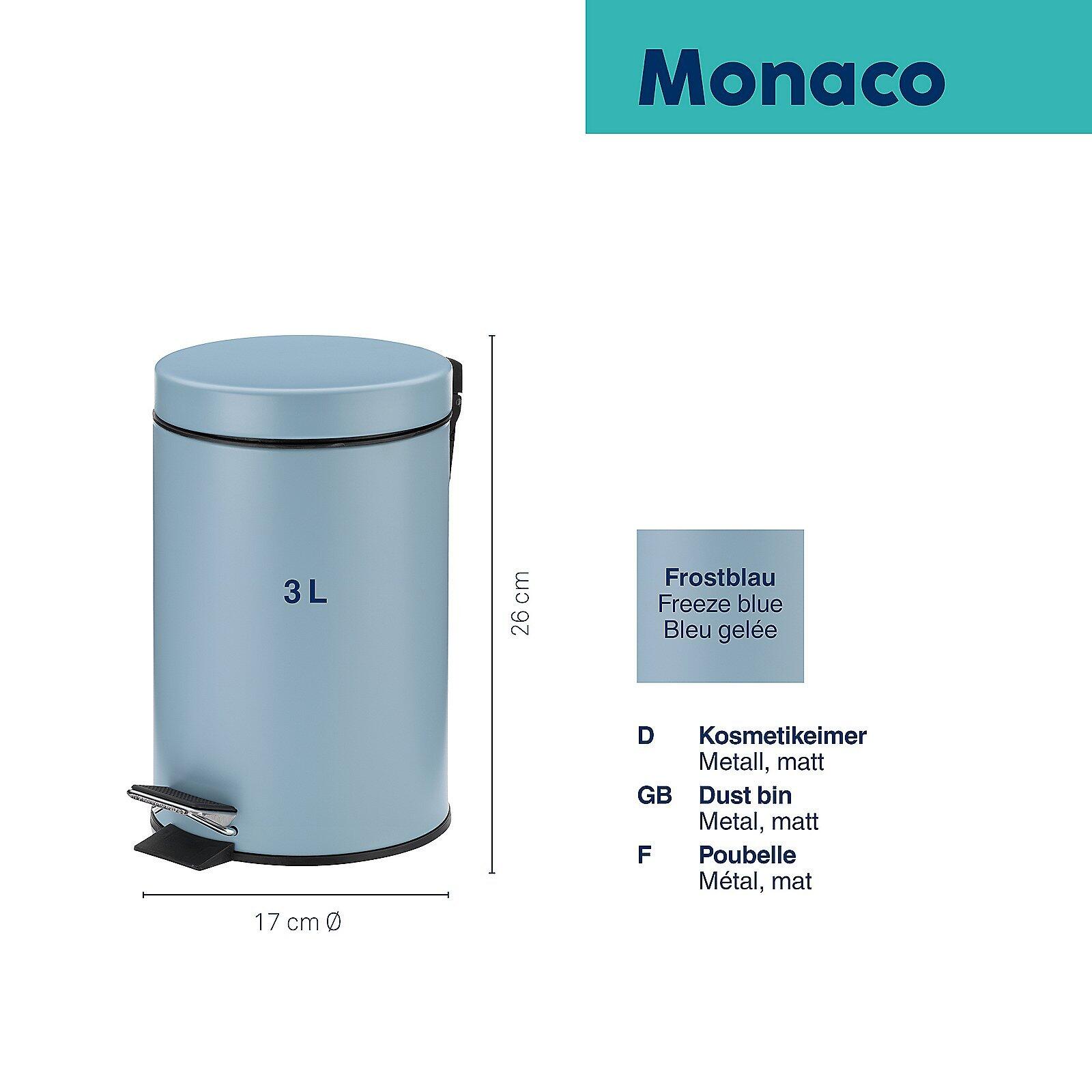 Blauer Kosmetikeimer Monaco mit Fußpedal zum Öffnen, 17 cm Durchmesser und 26 cm Höhe, Fassungsvermögen 3 Liter.