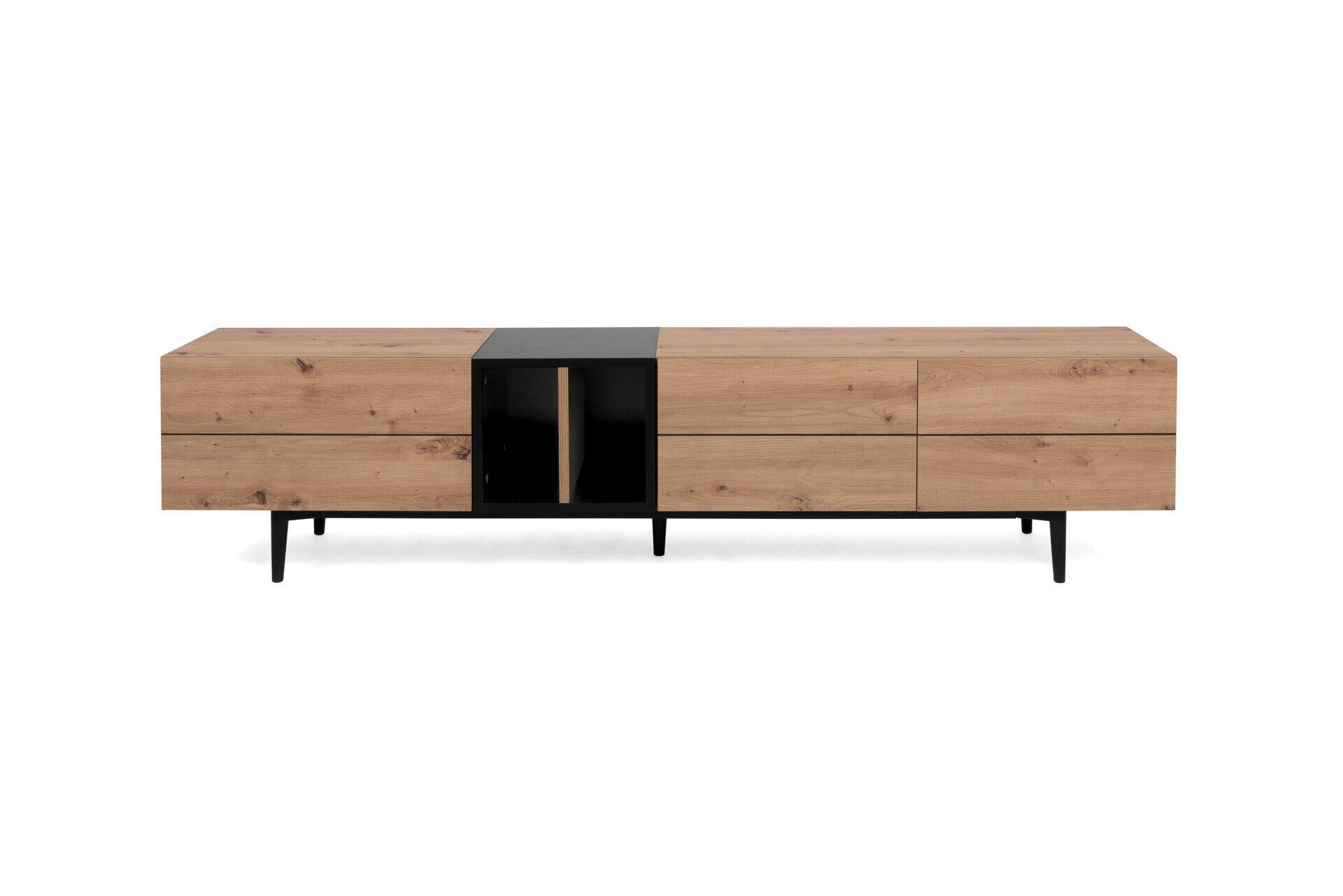 TV-Board Nola 56A mit drei Klappen, schwarzen Füßen und einer hellen Holztischplatte in frontaler Ansicht.