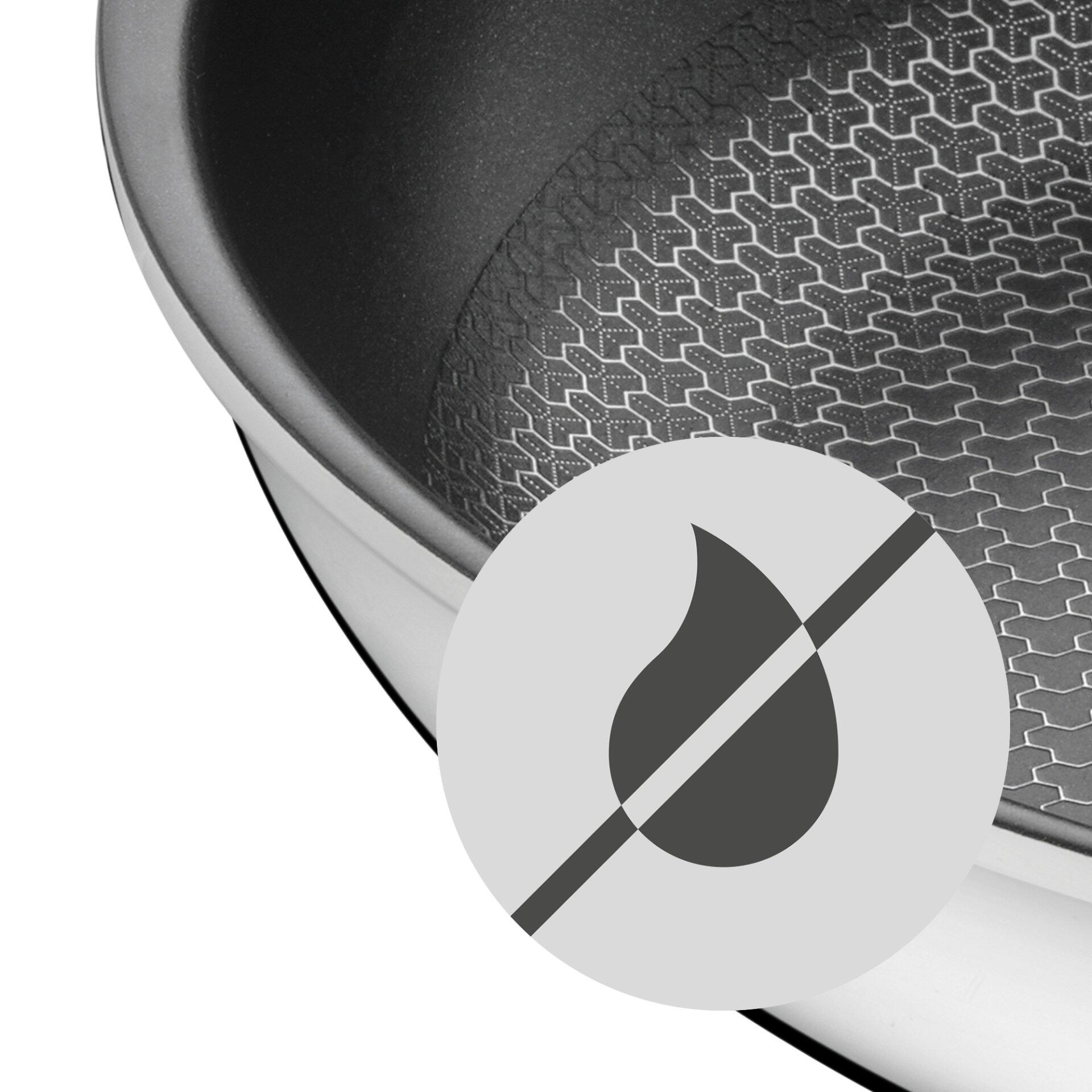 WMF Stielpfanne, Profi Resist: Detailaufnahme der Oberfläche mit sechseckischer Struktur und feuerhemmendem Symbol.