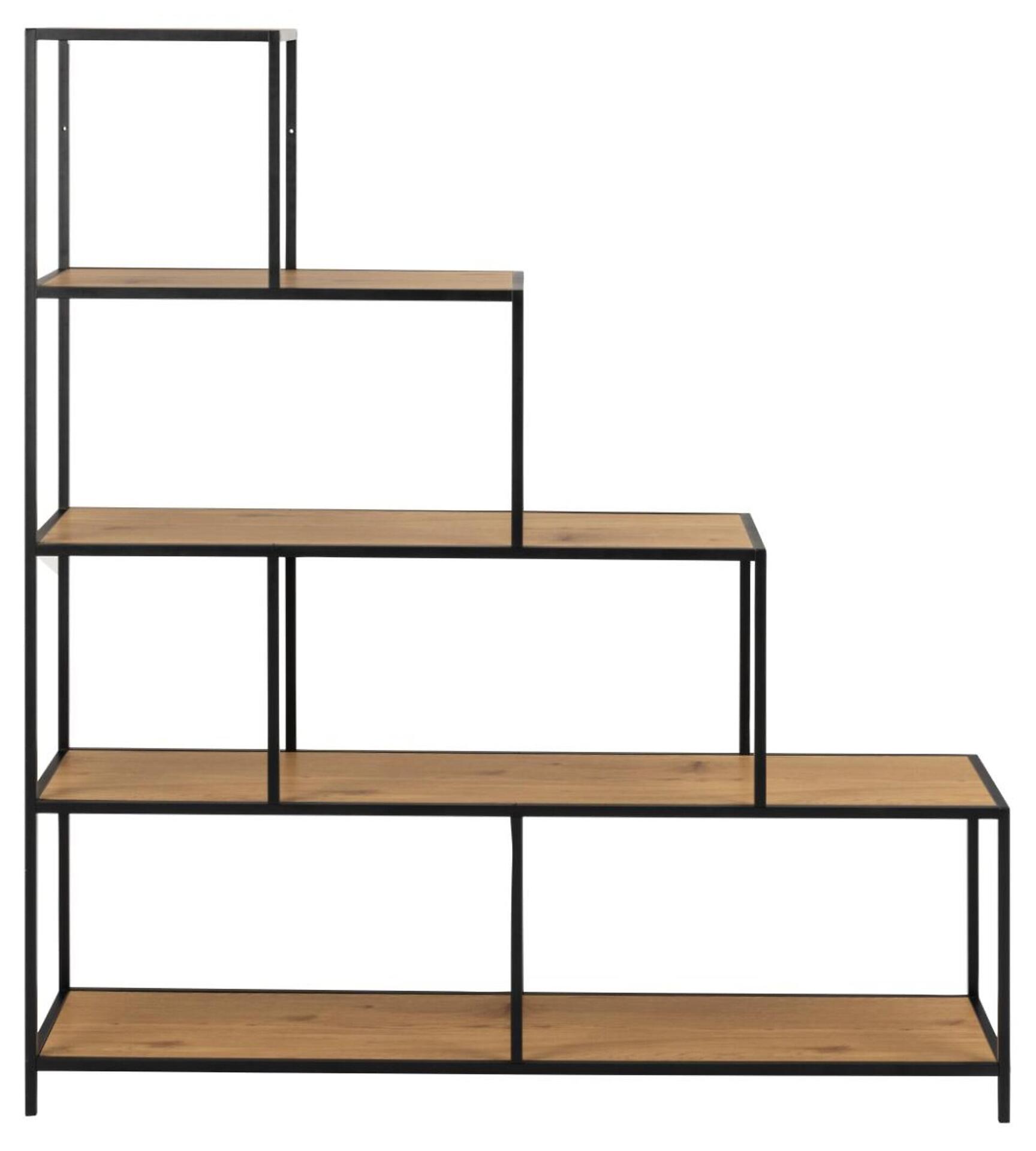 Regal Seaford mit asymmetrischer Treppenform und fünf Regalböden in warmer Holzoptik, gezeigt in Seitenansicht mit kontrastierendem schwarzen Metallgestell.
