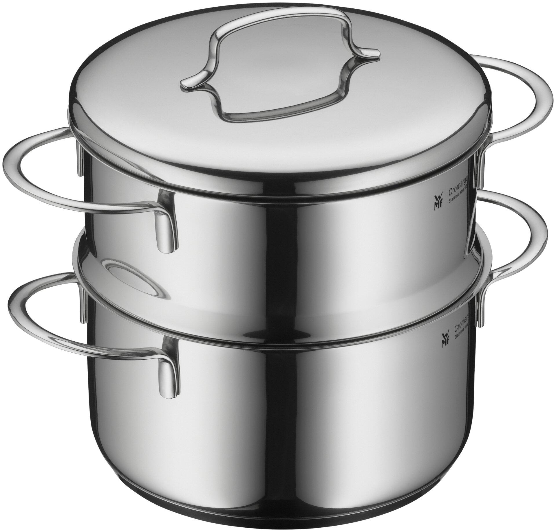 Edelstahl-Dampfgarer WMF Gemüsedämpfer Mini im Profil mit zwei Töpfen und gebürsteten Edelstahlgriffen.