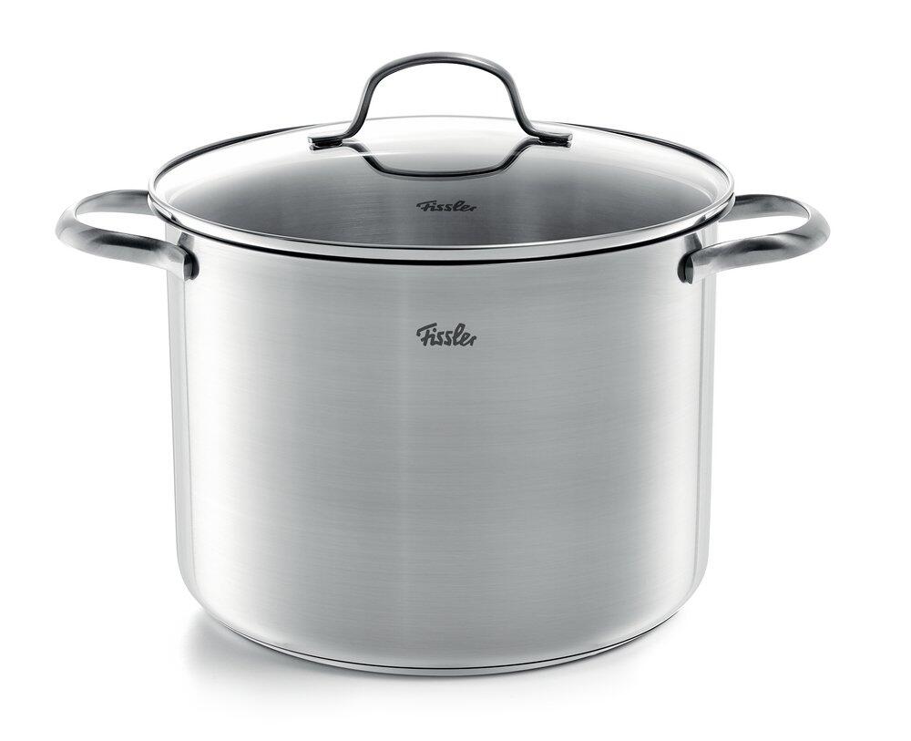 Edelstahl-Kochtopf San Francisco mit großem, zylindrischem Korpus, gebogenen Griffen und Edelstahl-Deckel mit Fissler-Logo.