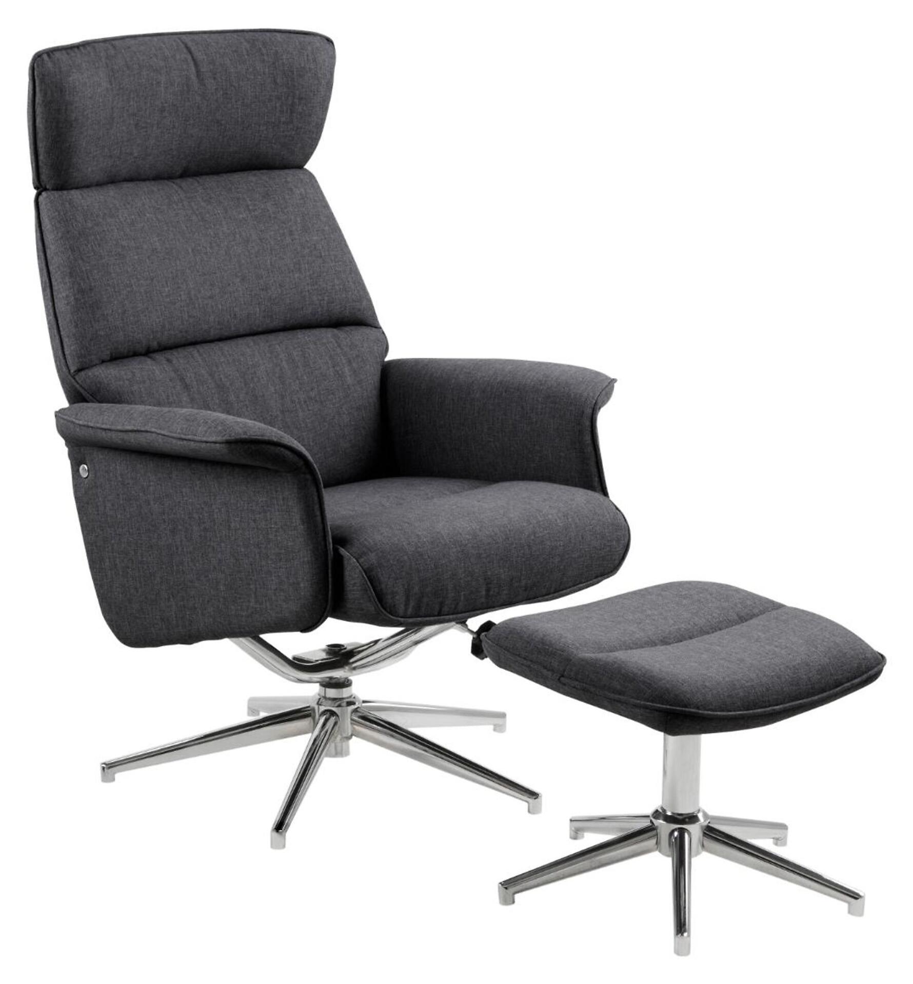 Grauer Recliner mit Hocker Alura, Detailaufnahme der Knopf-Steuerung zur manuellen Verstellung der Reclinerfunktion und dem polierten Chrom-Sternfuß.
