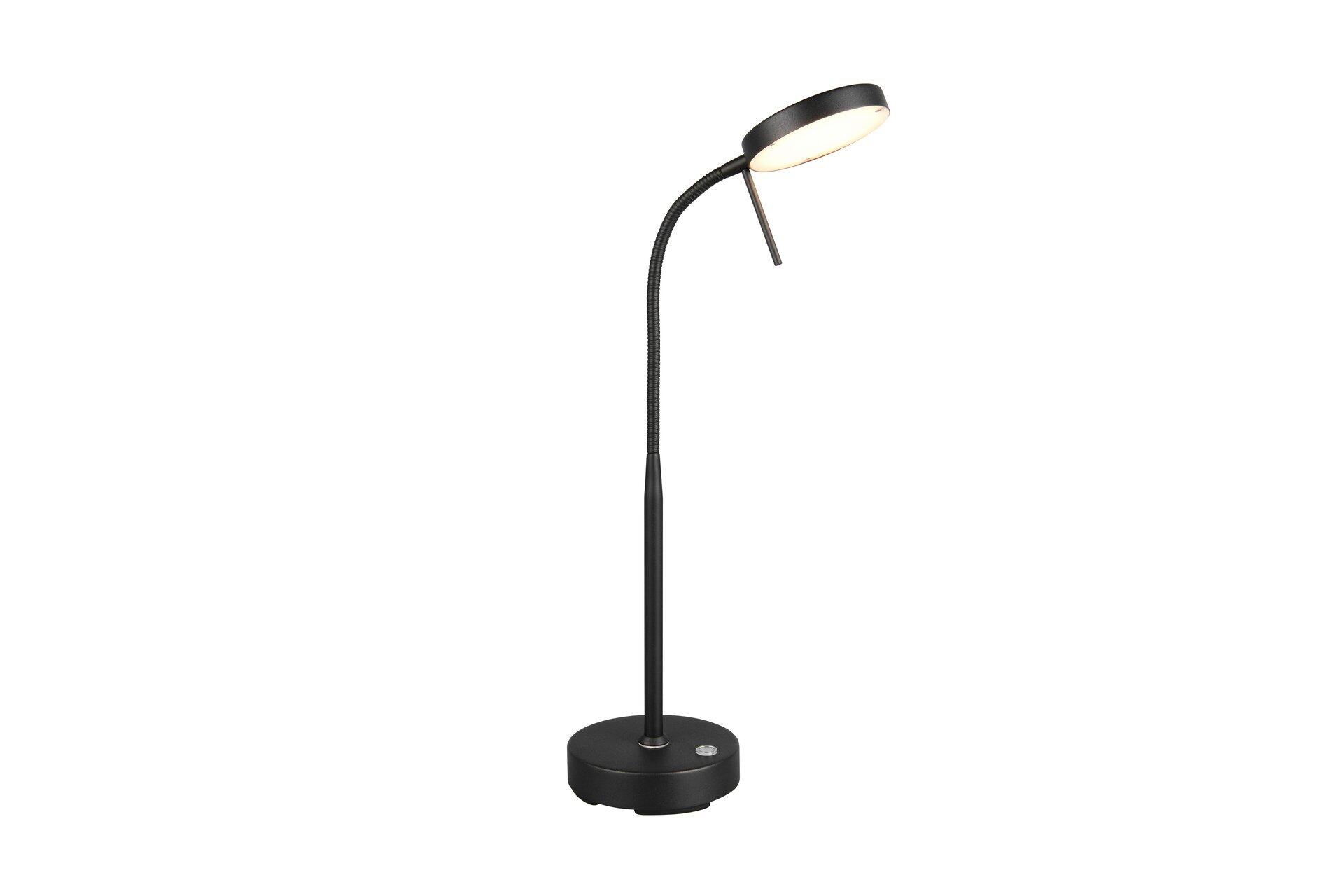 Tischleuchte Moreno mit flexiblem Arm, trapezförmigem Lampenkopf und Bedienelement auf dem Fuß.