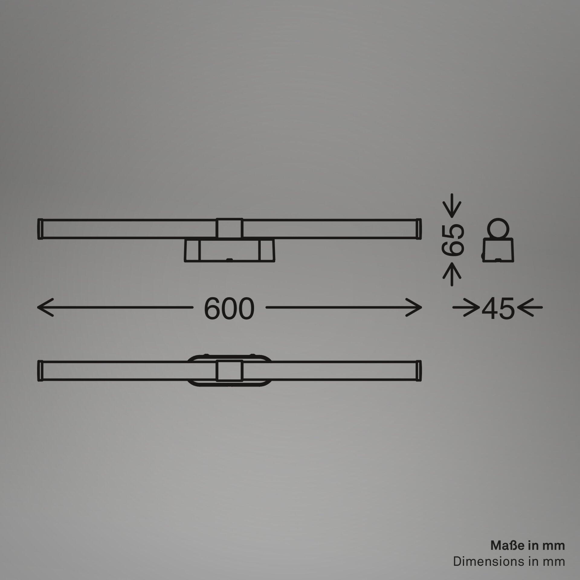 Schematische Vogelperspektive des BRILONER Badezimmersockels mit integrierten Auszügen und Abmessungen von 600 mm Länge, 65 mm Höhe und 45 mm Auszuglänge zur Veranschaulichung der Konstruktion.