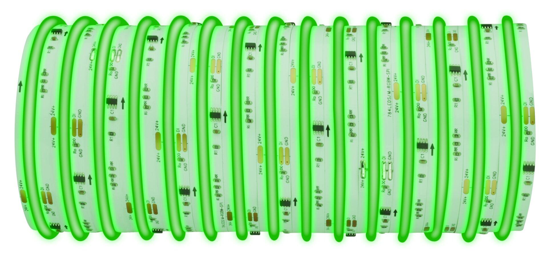 LED-Streifen BRILO mit flexibler Bauweise und mehreren Anschlüssen (24V+, GND, R1, C1, R2) für modulare LED-Beleuchtung, dargestellt in schräger Perspektive.