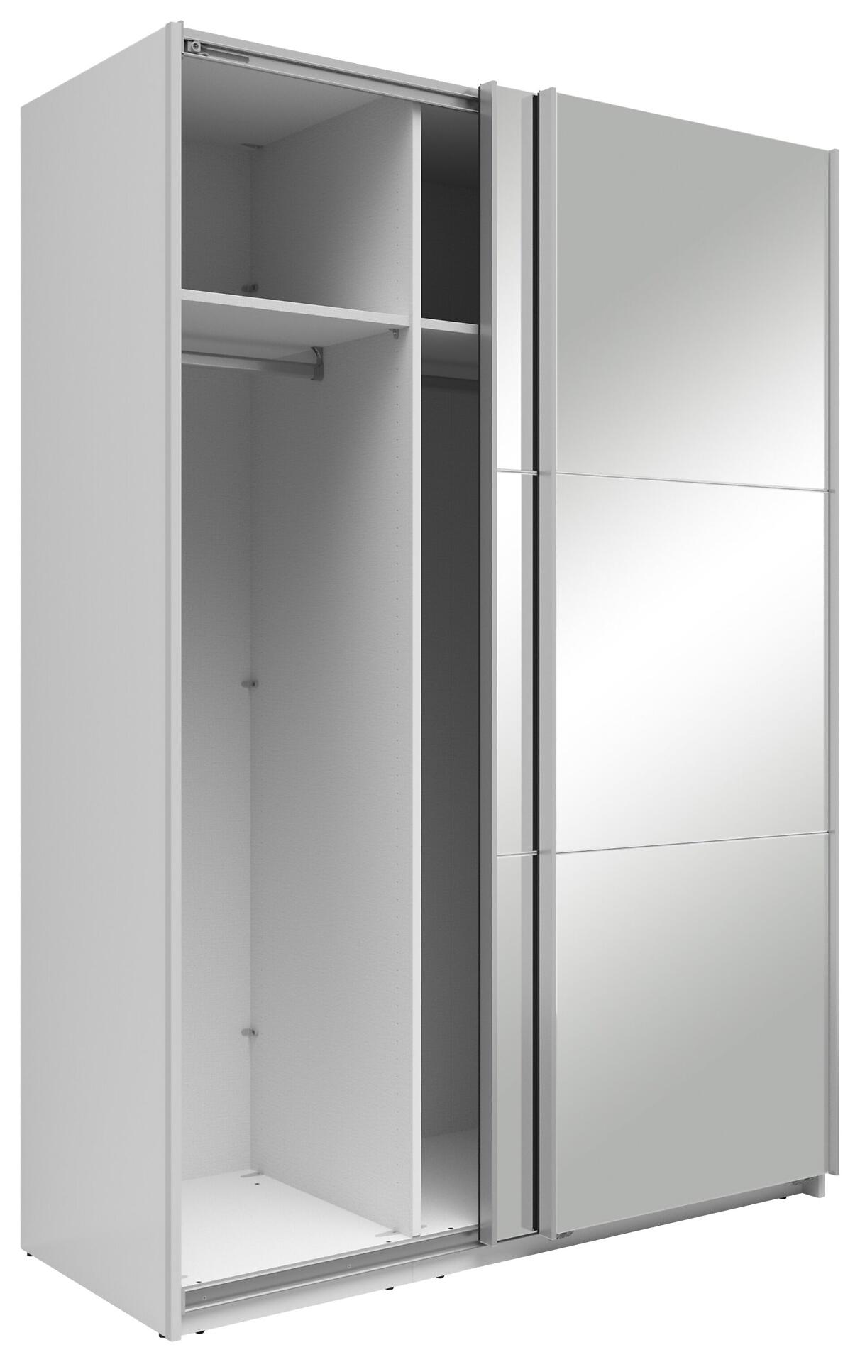 Schwebetürenschrank Neo mit silberfarbenen Türen, die auf Schienen gleiten und ein Innere mit Regalboden und Kleiderstange zeigen, präsentiert in einer perspektivischen Ansicht.