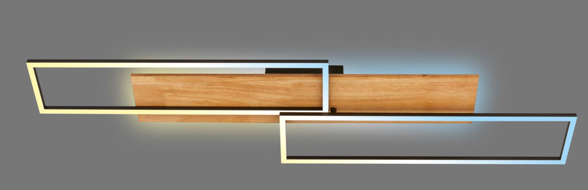Modernes Wandregalsystem aus Holz und Metall mit bläulichen Neonleuchten in den schwarzen Rahmen, aus Vogelperspektive sichtbar.