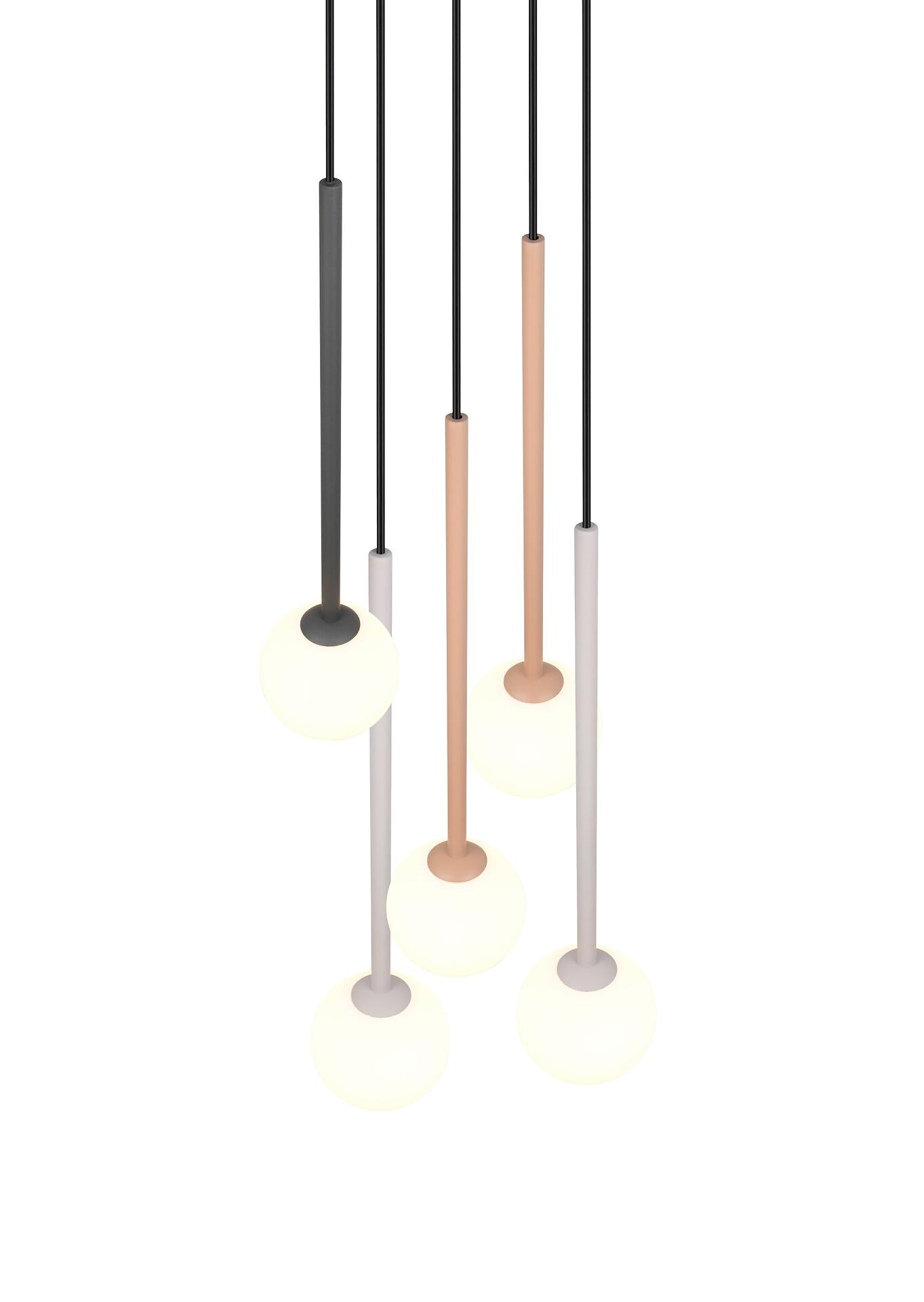Pendelleuchte Firano, Produktaufnahme mit fünf Leuchten in verschiedenen Farbvarianten (Schwarz, Grau, Beige, Hellrosa, Hellgrau) an unterschiedlich langen, schwarzen Metallstäben mit weißen Lampenschirmen.