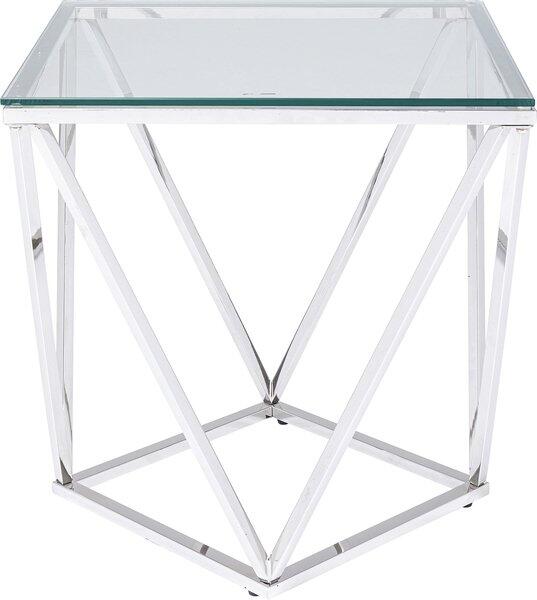 Beistelltisch Cristallo Silber mit poliertem, silberfarbenem Metallgestell aus durchlaufenden und kreuzenden Elementen sowie einer transparenten Glasplatte.