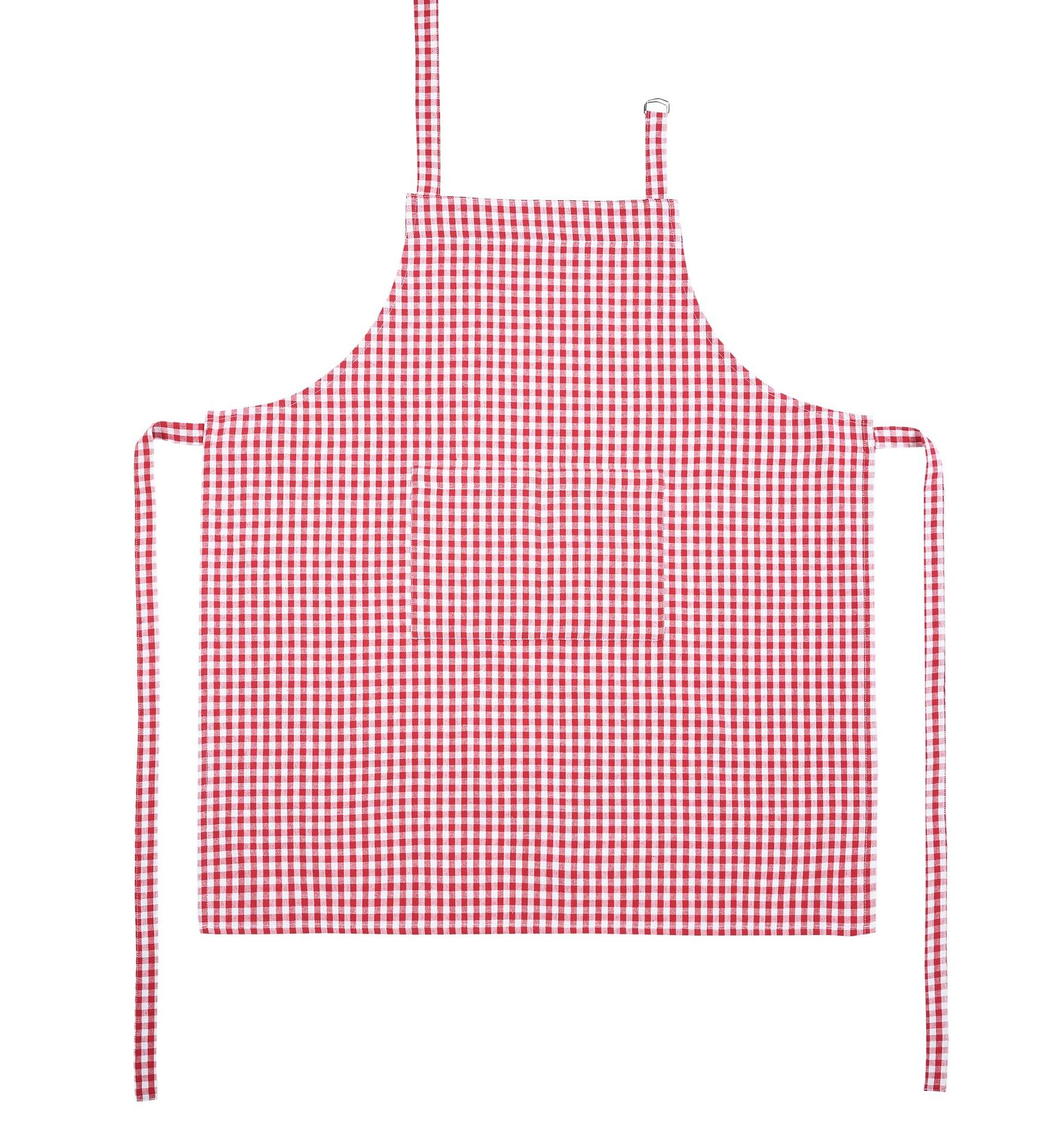 Rote Vichy-Schürze mit Karomuster, zwei aufgesetzten Taschen und langen Befestigungsbändern.