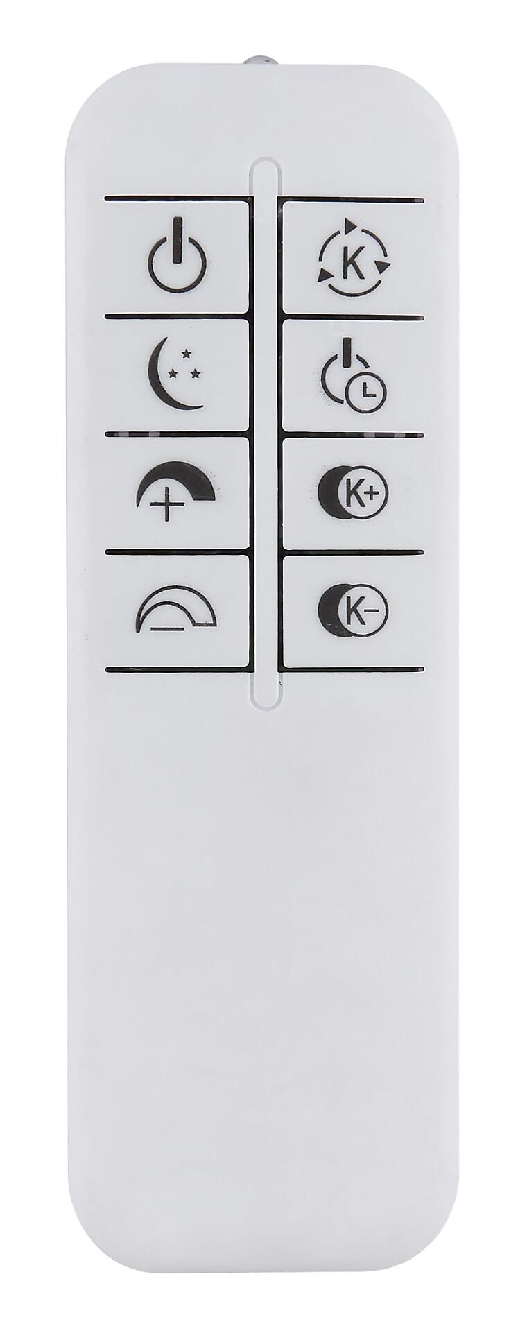 Fernbedienung der Deckenleuchte JAYDEN mit Symbolen für Power, Drehfunktion, Nachtlicht, Timer, Helligkeits- und Farbtemperaturregelung.