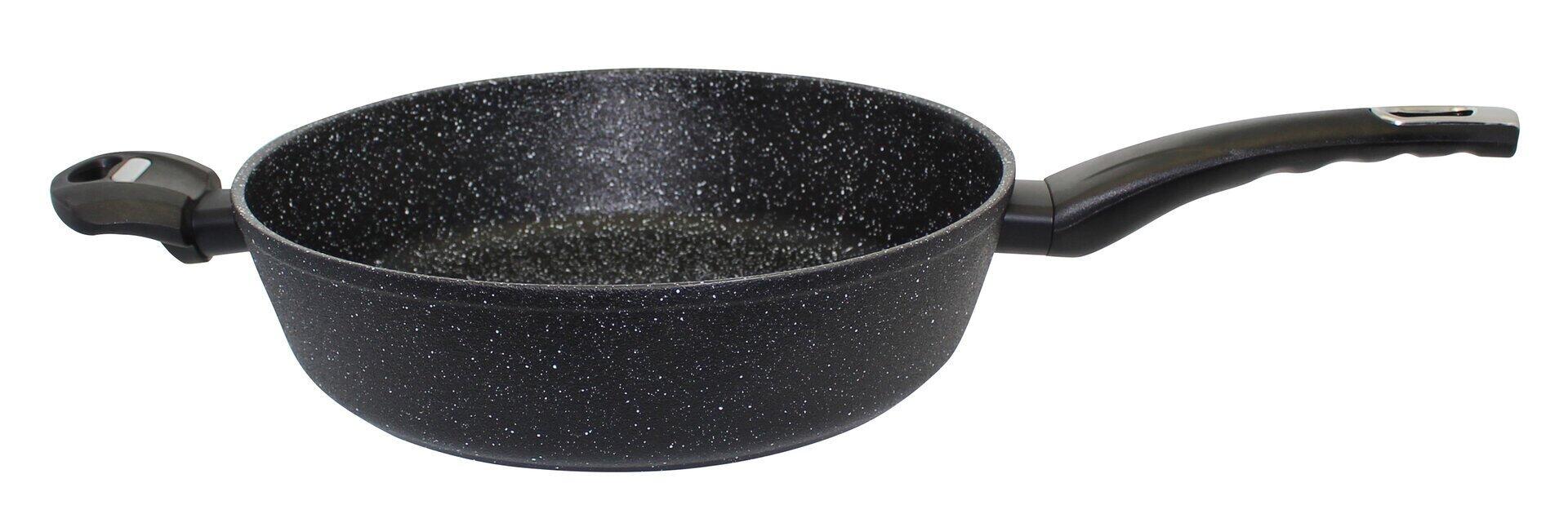 Schmorpfanne Granit Evolution mit Ø28cm, dunkelgrauer Marmor-Beschichtung, ergonomischem Griff mit Hängeloch, aus der Vogelperspektive dargestellt.