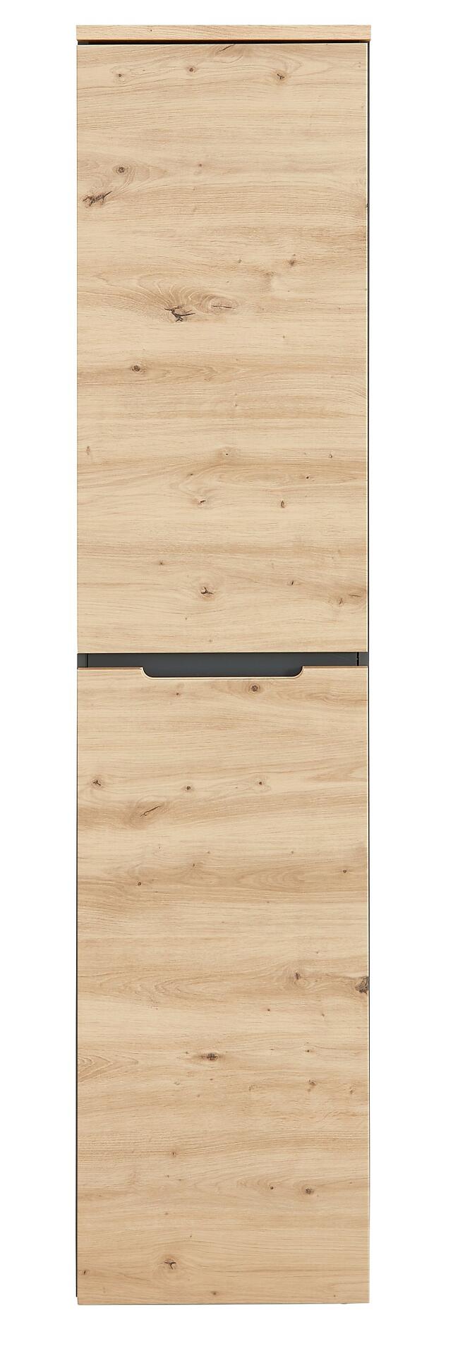 Büroschrank Memphis mit Artisan Eiche Oberfläche, einer Holztür und Fachböden, detailreich dargestellt mit horizontaler Aussparung im oberen Bereich und integriertem Schubladengriff.