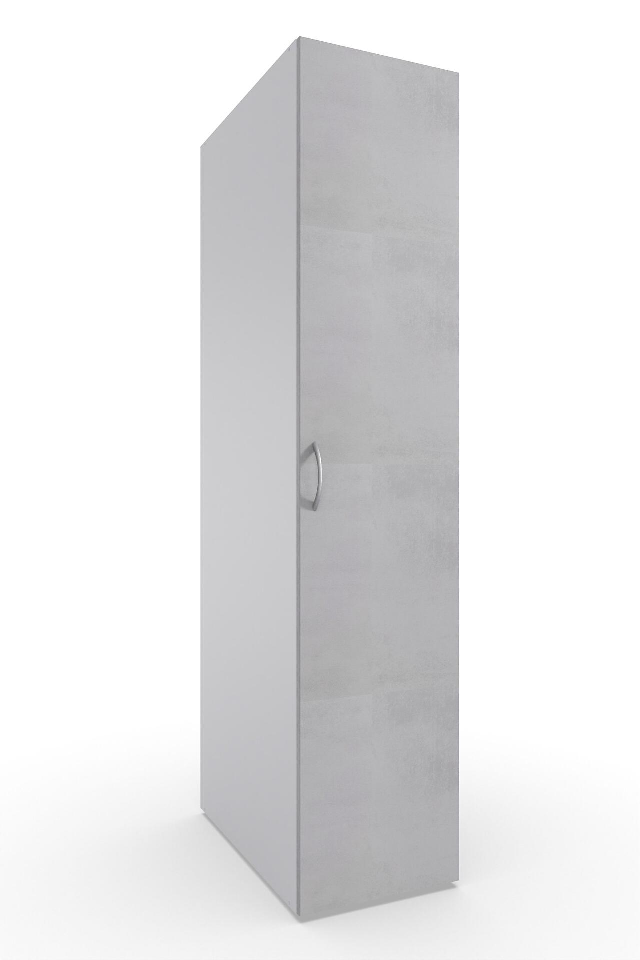 Grauer Schrank aus der Multiraumkollektion, Nb. lichtgrau, mit silbernem Griff und perspektivischer Ansicht, die die hohe, schmale Form und die strukturierte Oberfläche zeigt.