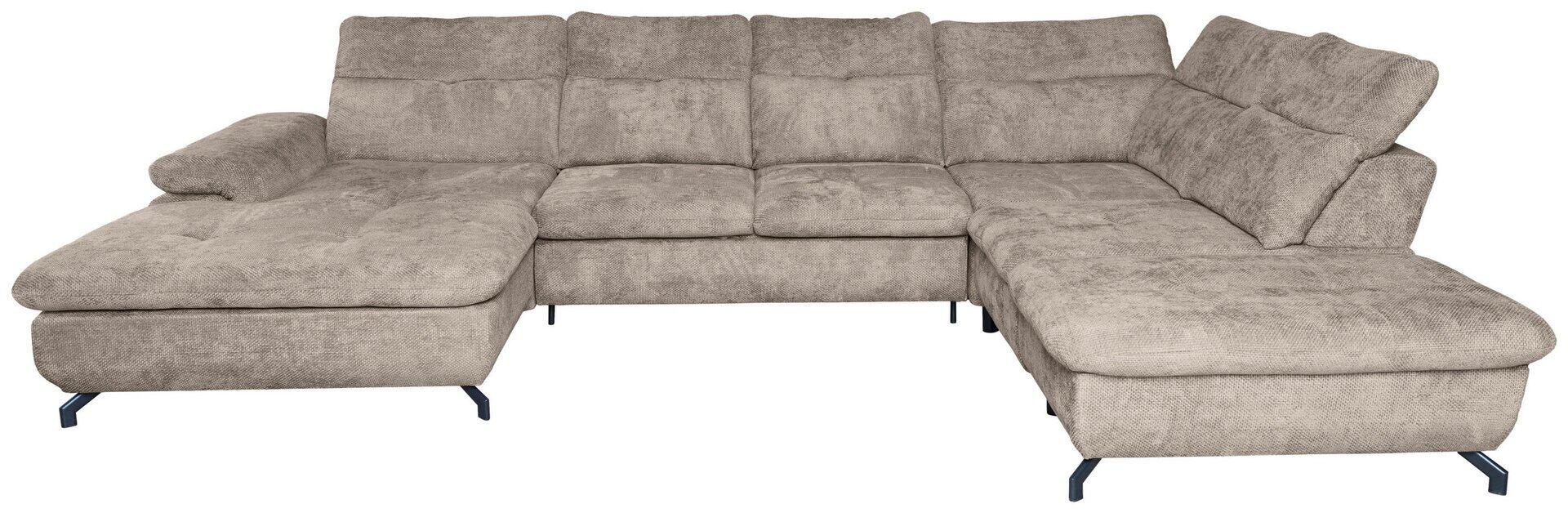 Beige L-förmige Eckcouch mit abgerundeten Formen, tiefen Sitzflächen und ausziehbarer Liegefläche.