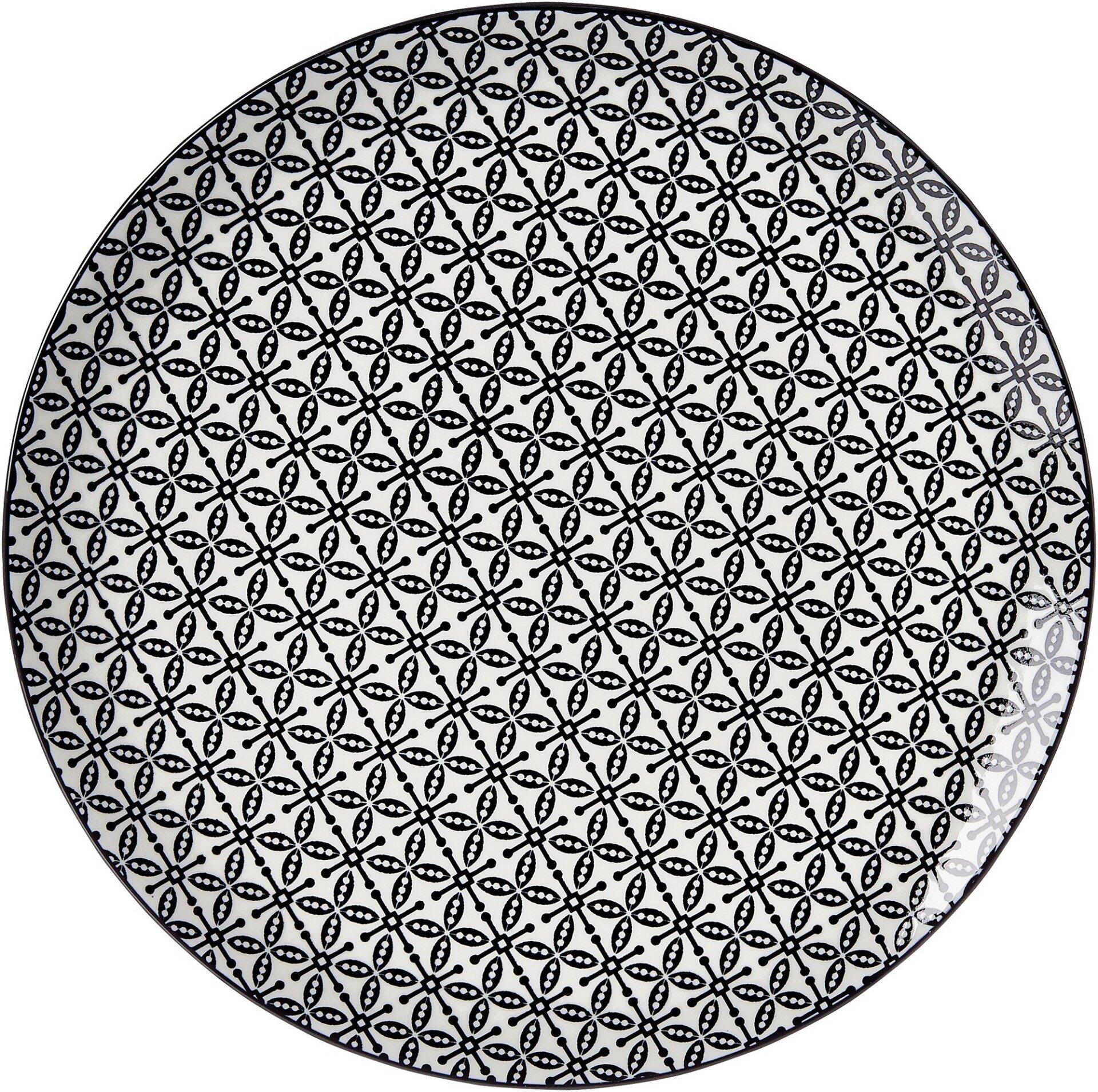 Quadratischer Teppich mit dichtem, wiederholendem Muster in Schwarz und Weiß, aus der Vogelperspektive.