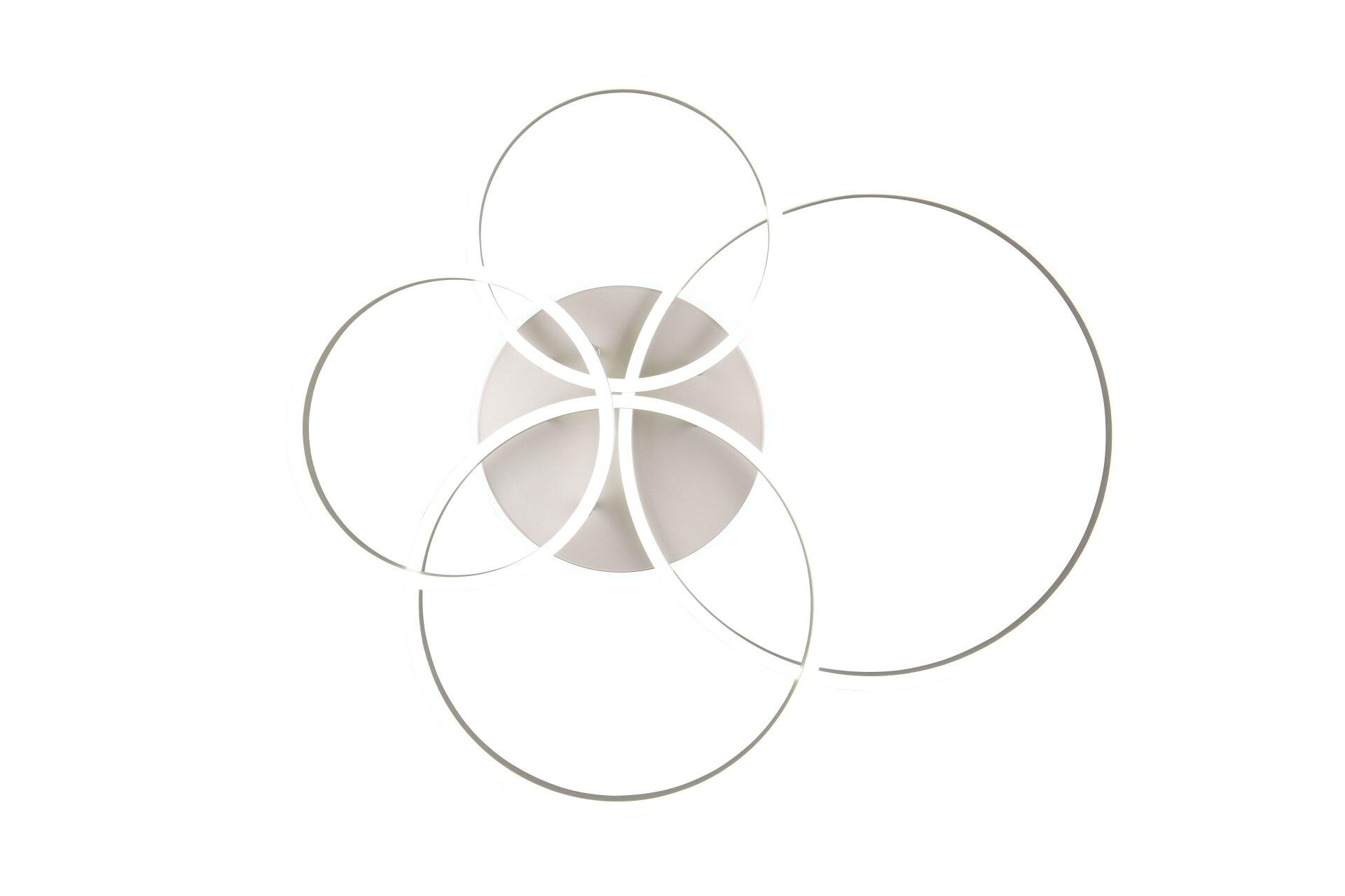 Deckenleuchte Drake: dekorative Wandleuchte mit abstrakter, skulpturaler Form aus grauem, rundem Element und überlappenden weißen Ringen.