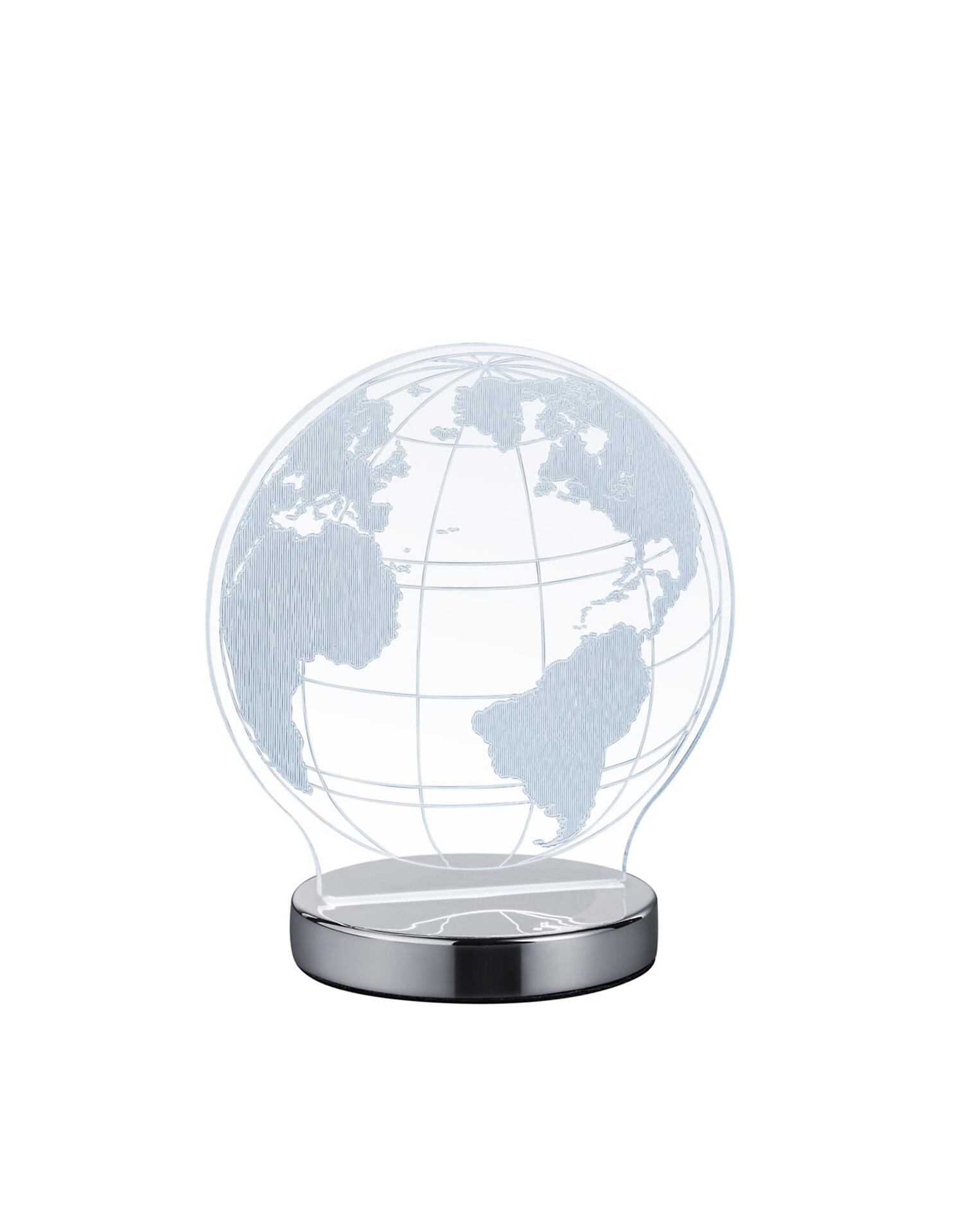 Tischleuchte Globe mit integriertem Globus, dessen Kontinente durch innenliegende Beleuchtung hervorgehoben werden.