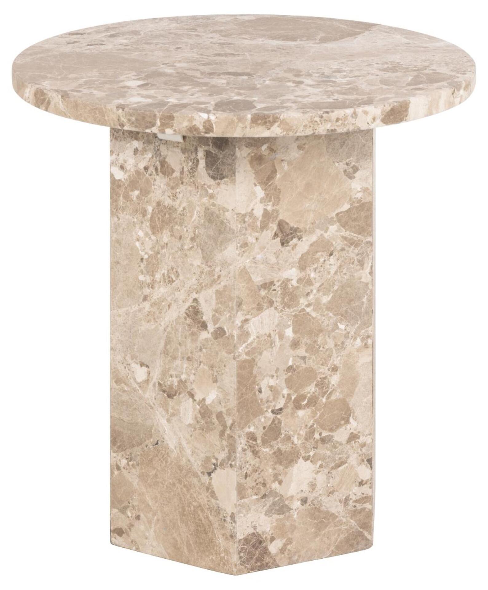 Ecktisch Naxos aus Marmor mit runder Tischplatte und zylindrischem Säulenträger, Blickwinkel frontal.
