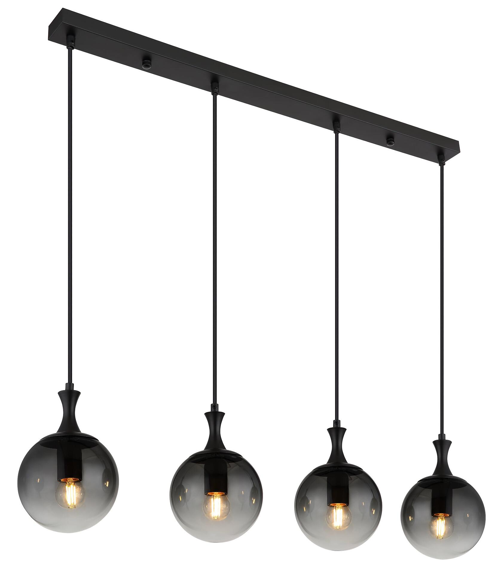 Hängeleuchte DALTON mit vier rauchgrauen Glaskugeln, die an schwarzen Seilen von einer schwarzen Metallstange hängen und warmes Licht abgeben.