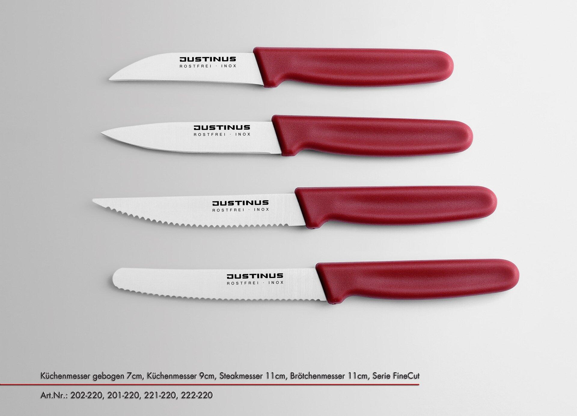Küchenmesser Fine Cut mit rotem Kunststoffgriff und Edelstahlklinge in gerader Perspektive.