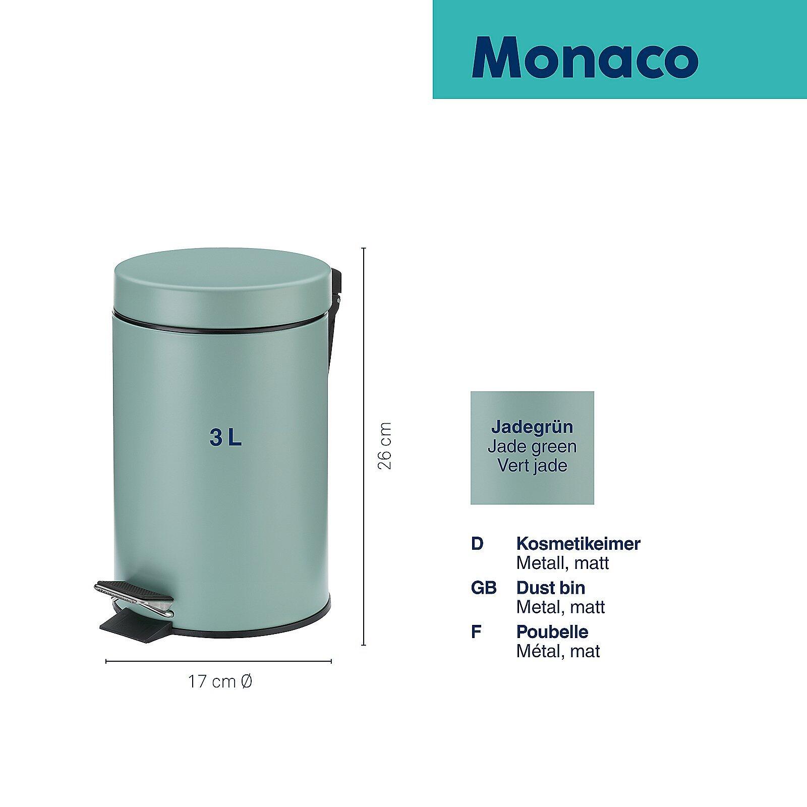 Kosmetikeimer Monaco mit Trittpedal, zylindrische Form in Jadegrün, Fassungsvermögen 3 Liter, Durchmesser 17 cm, Höhe 26 cm.