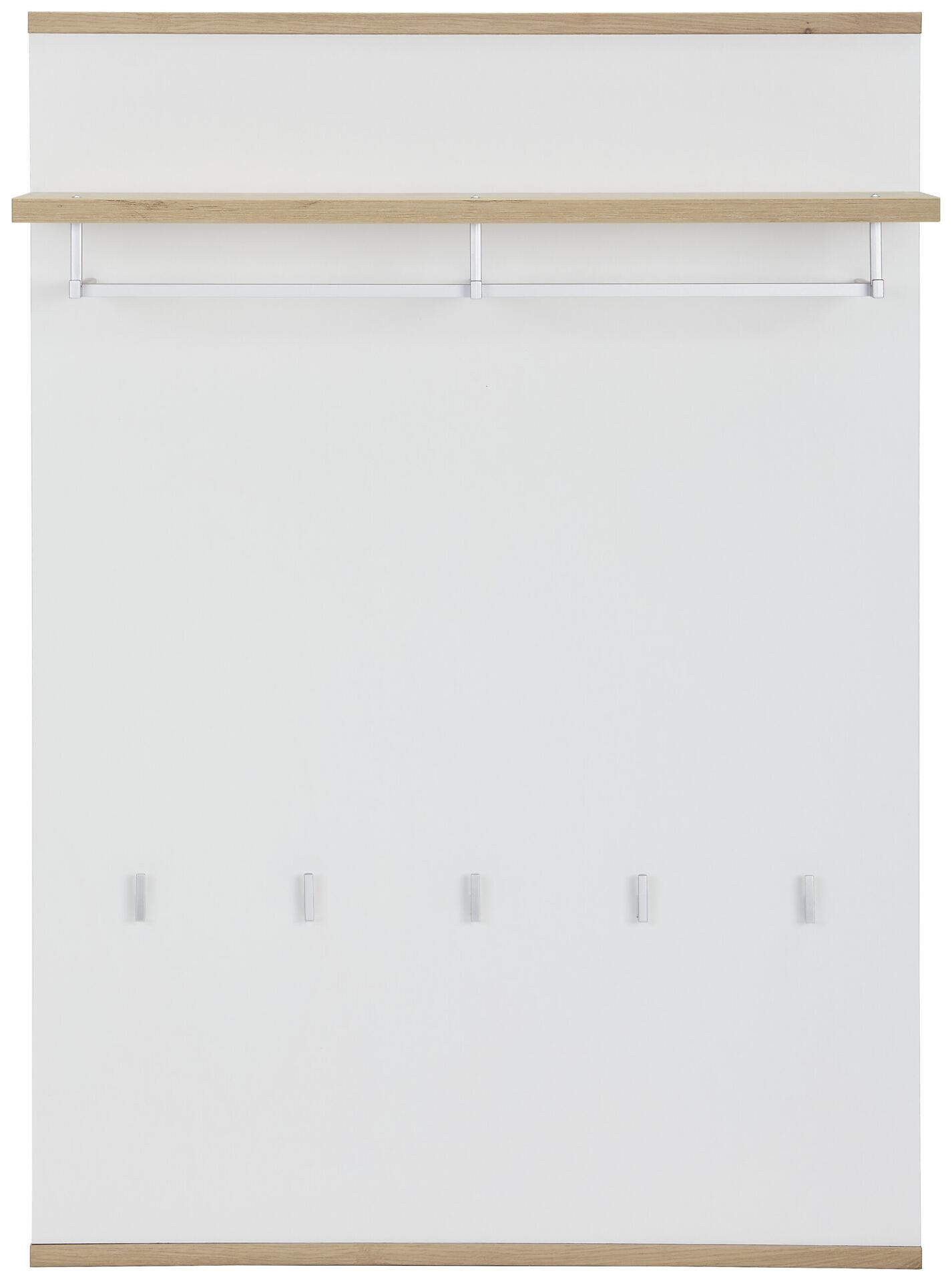 Weiße Wandgarderobe Yamael mit horizontaler Garderobenstange, fünf Haken und einer Holzleiste, frontal abgebildet.