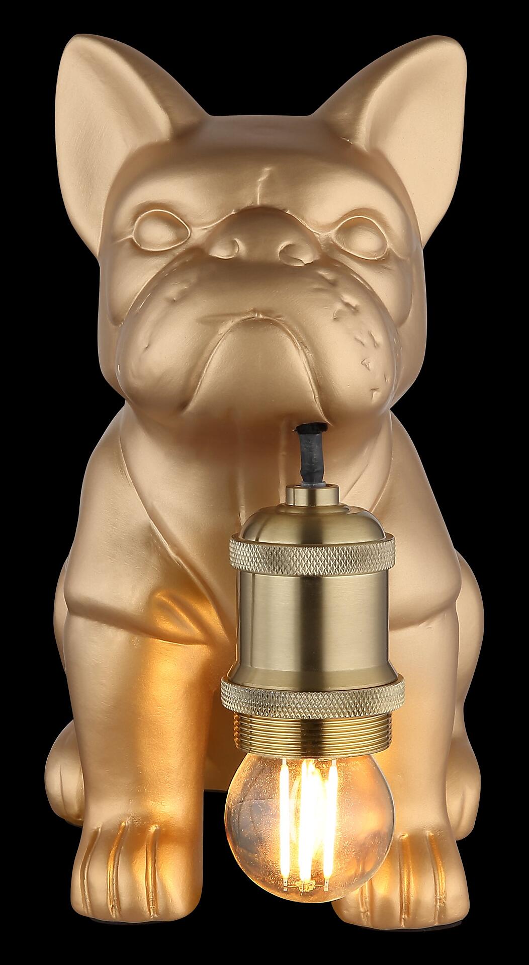 Tischleuchte DOGO, dekorative Bulldogge mit goldenem Finish und diamantförmigem Lampenschirm, der abwärts gerichtetes Licht spendet.