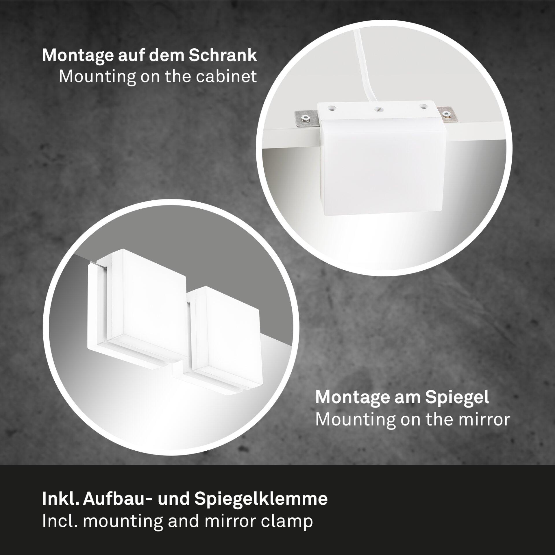 Detailansicht der weißen BRILONER Badezimmerleuchte mit L-förmiger Spiegelhalterung, die zur Befestigung an Wand und Spiegel dient.